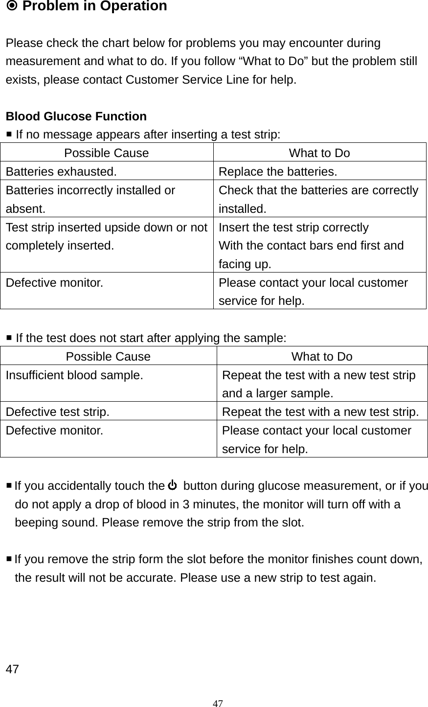 47  Problem in Operation  Please check the chart below for problems you may encounter during measurement and what to do. If you follow &ldquo;What to Do&rdquo; but the problem still exists, please contact Customer Service Line for help.  Blood Glucose Function  If no message appears after inserting a test strip:   Possible Cause  What to Do Batteries exhausted.    Replace the batteries. Batteries incorrectly installed or absent. Check that the batteries are correctly installed. Test strip inserted upside down or not completely inserted. Insert the test strip correctly   With the contact bars end first and facing up.   Defective monitor.    Please contact your local customer service for help.   If the test does not start after applying the sample: Possible Cause  What to Do Insufficient blood sample.    Repeat the test with a new test strip and a larger sample. Defective test strip.    Repeat the test with a new test strip. Defective monitor.    Please contact your local customer service for help.   If you accidentally touch the   button during glucose measurement, or if you do not apply a drop of blood in 3 minutes, the monitor will turn off with a beeping sound. Please remove the strip from the slot.     If you remove the strip form the slot before the monitor finishes count down, the result will not be accurate. Please use a new strip to test again.     47 