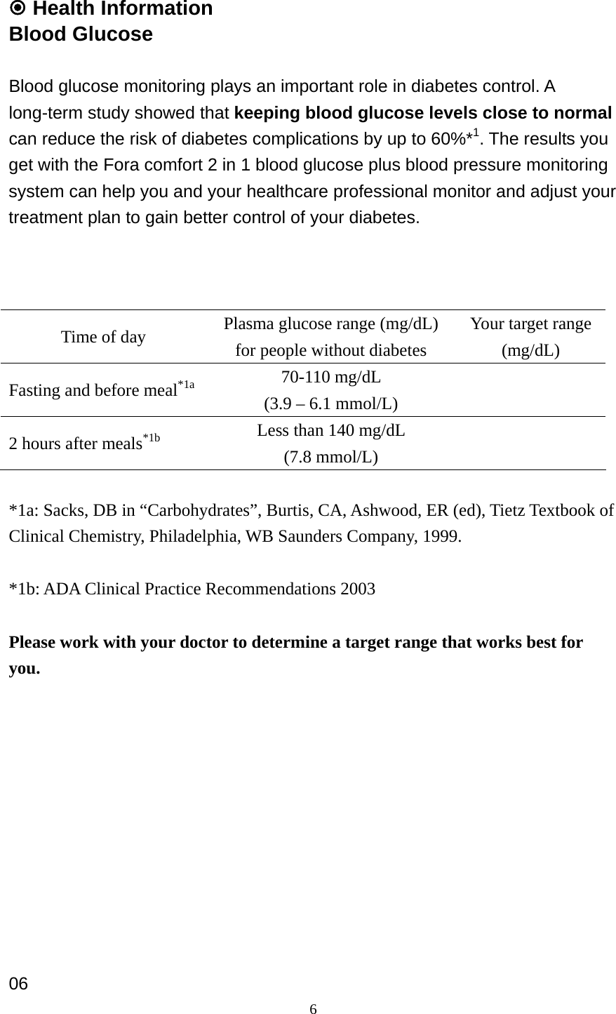 6  Health Information Blood Glucose  Blood glucose monitoring plays an important role in diabetes control. A long-term study showed that keeping blood glucose levels close to normal can reduce the risk of diabetes complications by up to 60%*1. The results you get with the Fora comfort 2 in 1 blood glucose plus blood pressure monitoring system can help you and your healthcare professional monitor and adjust your treatment plan to gain better control of your diabetes.    Time of day  Plasma glucose range (mg/dL) for people without diabetes Your target range (mg/dL) Fasting and before meal*1a 70-110 mg/dL   (3.9 &ndash; 6.1 mmol/L)  2 hours after meals*1b Less than 140 mg/dL   (7.8 mmol/L)   *1a: Sacks, DB in &ldquo;Carbohydrates&rdquo;, Burtis, CA, Ashwood, ER (ed), Tietz Textbook of Clinical Chemistry, Philadelphia, WB Saunders Company, 1999.  *1b: ADA Clinical Practice Recommendations 2003  Please work with your doctor to determine a target range that works best for you.           06 