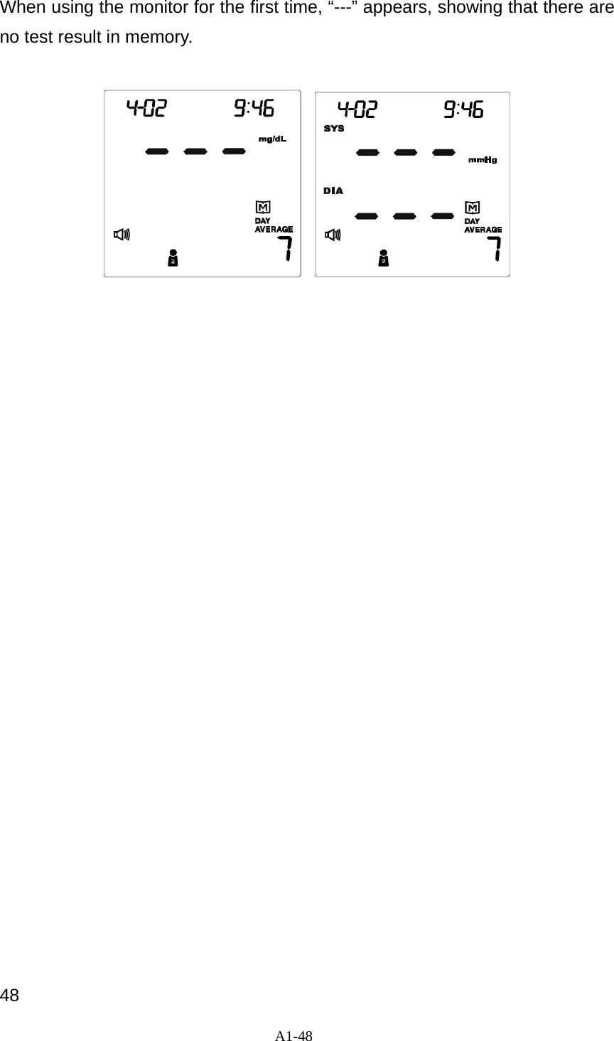 A1-48  When using the monitor for the first time, &ldquo;---&rdquo; appears, showing that there are no test result in memory.                               48 