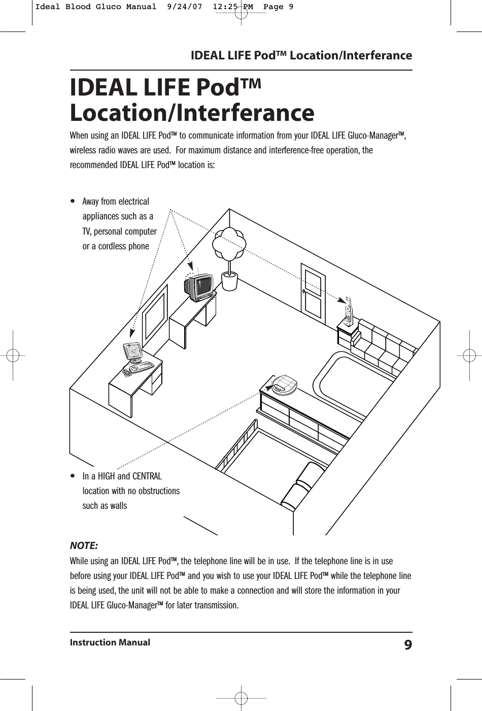 IDEAL LIFE Pod&trade;Location/InterferanceWhen using an IDEAL LIFE Pod&trade; to communicate information from your IDEAL LIFE Gluco-Manager&trade;,wireless radio waves are used. For maximum distance and interference-free operation, therecommended IDEAL LIFE Pod&trade; location is:NOTE:While using an IDEAL LIFE Pod&trade;, the telephone line will be in use. If the telephone line is in usebefore using your IDEAL LIFE Pod&trade; and you wish to use your IDEAL LIFE Pod&trade; while the telephone lineis being used, the unit will not be able to make a connection and will store the information in yourIDEAL LIFE Gluco-Manager&trade; for later transmission.IDEAL LIFE Pod&trade; Location/InterferanceInstruction Manual 9&bull;In a HIGH and CENTRALlocation with no obstructionssuch as walls&bull;Away from electricalappliances such as aTV, personal computeror a cordless phoneIdeal Blood Gluco Manual  9/24/07  12:25 PM  Page 9