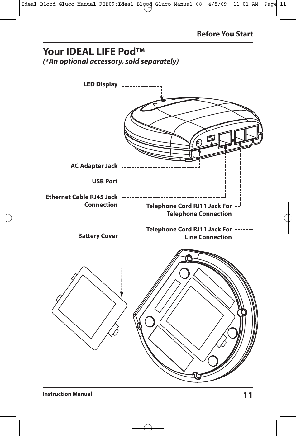 Your IDEAL LIFE Pod&trade;(*An optional accessory, sold separately)Before You StartInstruction Manual 11LED DisplayAC Adapter JackUSB PortEthernet Cable RJ45 JackConnectionBattery CoverTelephone Cord RJ11 Jack ForTelephone ConnectionTelephone Cord RJ11 Jack ForLine ConnectionIdeal Blood Gluco Manual FEB09:Ideal Blood Gluco Manual 08  4/5/09  11:01 AM  Page 11