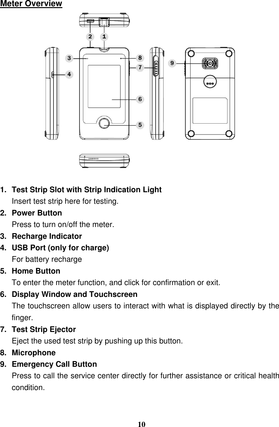  10  Meter Overview   1.  Test Strip Slot with Strip Indication Light   Insert test strip here for testing. 2.  Power Button Press to turn on/off the meter. 3.  Recharge Indicator 4.  USB Port (only for charge) For battery recharge 5.  Home Button To enter the meter function, and click for confirmation or exit. 6.  Display Window and Touchscreen The touchscreen allow users to interact with what is displayed directly by the finger. 7.  Test Strip Ejector Eject the used test strip by pushing up this button. 8.  Microphone 9.  Emergency Call Button Press to call the service center directly for further assistance or critical health condition.     