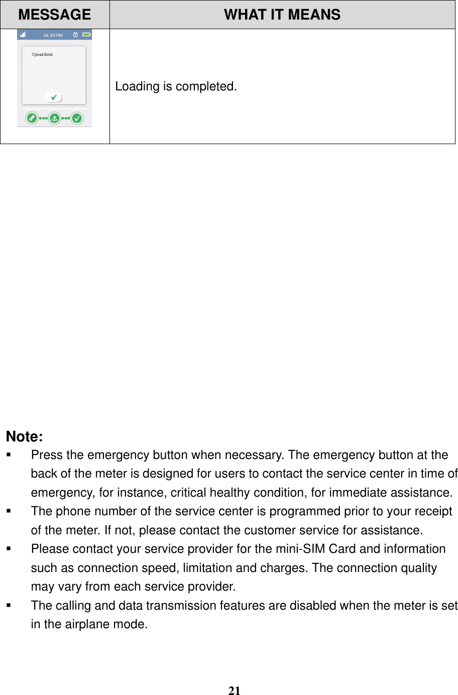  21  MESSAGE WHAT IT MEANS  Loading is completed.                  Note:     Press the emergency button when necessary. The emergency button at the back of the meter is designed for users to contact the service center in time of emergency, for instance, critical healthy condition, for immediate assistance.     The phone number of the service center is programmed prior to your receipt of the meter. If not, please contact the customer service for assistance.     Please contact your service provider for the mini-SIM Card and information such as connection speed, limitation and charges. The connection quality may vary from each service provider.   The calling and data transmission features are disabled when the meter is set in the airplane mode.    