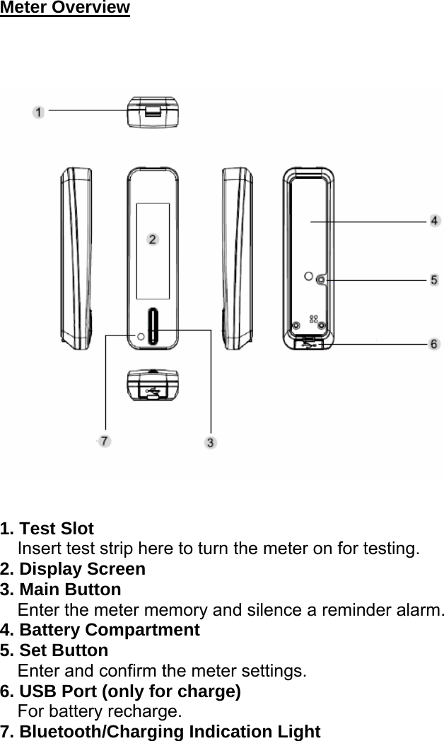 Meter Overview 1. Test Slot Insert test strip here to turn the meter on for testing. 2. Display Screen 3. Main Button Enter the meter memory and silence a reminder alarm. 4. Battery Compartment 5. Set Button   Enter and confirm the meter settings. 6. USB Port (only for charge)    For battery recharge.   7. Bluetooth/Charging Indication Light  