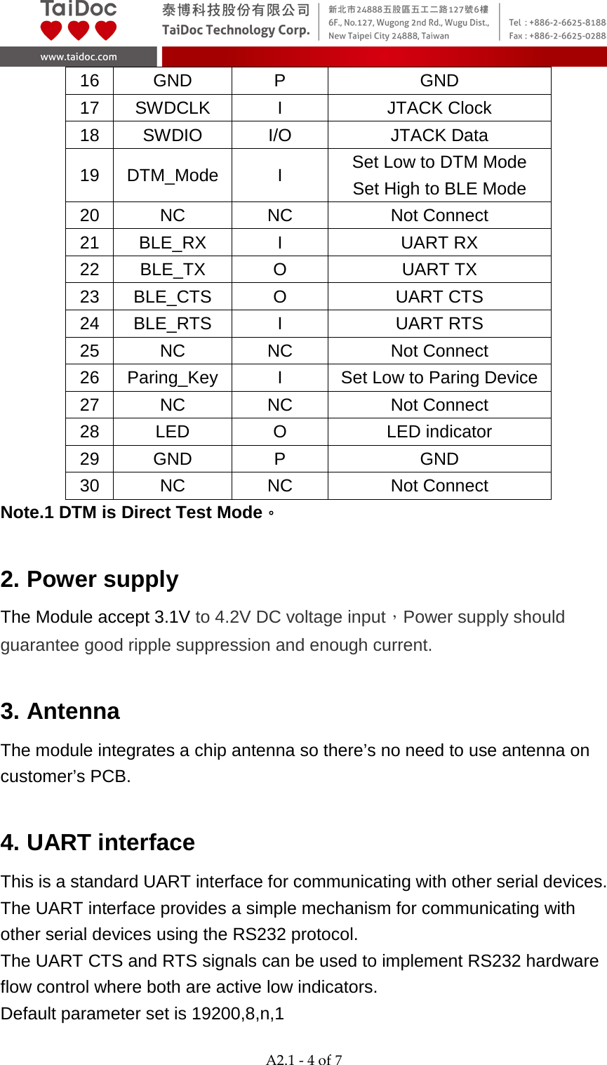  A2.1 - 4 of 7  16 GND  P  GND 17 SWDCLK  I  JTACK Clock 18  SWDIO I/O JTACK Data 19 DTM_Mode  I  Set Low to DTM Mode Set High to BLE Mode 20 NC NC Not Connect 21 BLE_RX  I  UART RX 22 BLE_TX  O  UART TX 23 BLE_CTS  O  UART CTS 24 BLE_RTS  I  UART RTS 25 NC NC Not Connect 26 Paring_Key  I  Set Low to Paring Device 27 NC NC Not Connect 28 LED  O  LED indicator   29 GND  P  GND 30 NC NC Not Connect Note.1 DTM is Direct Test Mode。  2. Power supply The Module accept 3.1V to 4.2V DC voltage input，Power supply should guarantee good ripple suppression and enough current.  3. Antenna The module integrates a chip antenna so there&rsquo;s no need to use antenna on customer&rsquo;s PCB.  4. UART interface This is a standard UART interface for communicating with other serial devices. The UART interface provides a simple mechanism for communicating with other serial devices using the RS232 protocol. The UART CTS and RTS signals can be used to implement RS232 hardware flow control where both are active low indicators. Default parameter set is 19200,8,n,1 