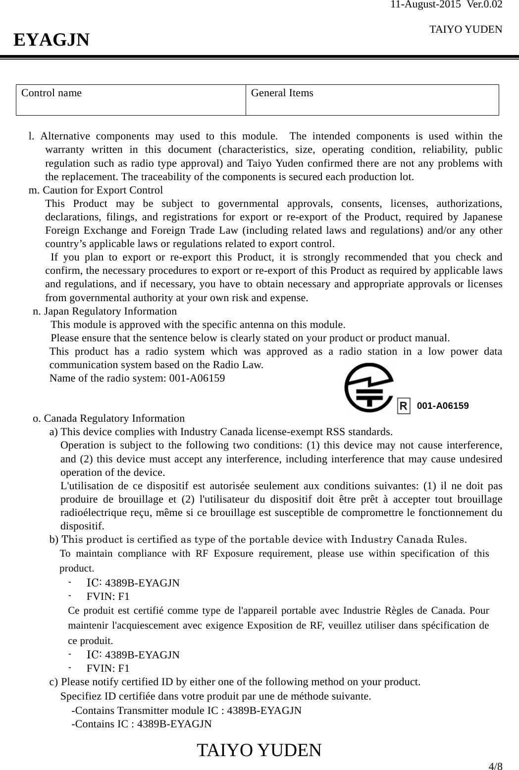 11-August-2015 Ver.0.02  TAIYO YUDEN                                              TAIYO YUDEN  4/8 EYAGJN  Control name  General Items    l. Alternative components may used to this module.  The intended components is used within the warranty written in this document (characteristics, size, operating condition, reliability, public regulation such as radio type approval) and Taiyo Yuden confirmed there are not any problems with the replacement. The traceability of the components is secured each production lot. m. Caution for Export Control This Product may be subject to governmental approvals, consents, licenses, authorizations, declarations, filings, and registrations for export or re-export of the Product, required by Japanese Foreign Exchange and Foreign Trade Law (including related laws and regulations) and/or any other country’s applicable laws or regulations related to export control.  If you plan to export or re-export this Product, it is strongly recommended that you check and confirm, the necessary procedures to export or re-export of this Product as required by applicable laws and regulations, and if necessary, you have to obtain necessary and appropriate approvals or licenses from governmental authority at your own risk and expense. n. Japan Regulatory Information This module is approved with the specific antenna on this module.   Please ensure that the sentence below is clearly stated on your product or product manual. This product has a radio system which was approved as a radio station in a low power data communication system based on the Radio Law. Name of the radio system: 001-A06159   o. Canada Regulatory Information a) This device complies with Industry Canada license-exempt RSS standards. Operation is subject to the following two conditions: (1) this device may not cause interference, and (2) this device must accept any interference, including interference that may cause undesired operation of the device. L&apos;utilisation de ce dispositif est autorisée seulement aux conditions suivantes: (1) il ne doit pas produire de brouillage et (2) l&apos;utilisateur du dispositif doit être prêt à accepter tout brouillage radioélectrique reçu, même si ce brouillage est susceptible de compromettre le fonctionnement du dispositif. b) This product is certified as type of the portable device with Industry Canada Rules.   To maintain compliance with RF Exposure requirement, please use within specification of this product.   - IC: 4389B-EYAGJN  - FVIN: F1 Ce produit est certifié comme type de l&apos;appareil portable avec Industrie Règles de Canada. Pour maintenir l&apos;acquiescement avec exigence Exposition de RF, veuillez utiliser dans spécification de ce produit. - IC: 4389B-EYAGJN  - FVIN: F1 c) Please notify certified ID by either one of the following method on your product. Specifiez ID certifiée dans votre produit par une de méthode suivante.   -Contains Transmitter module IC : 4389B-EYAGJN    -Contains IC : 4389B-EYAGJN 001-A06159 