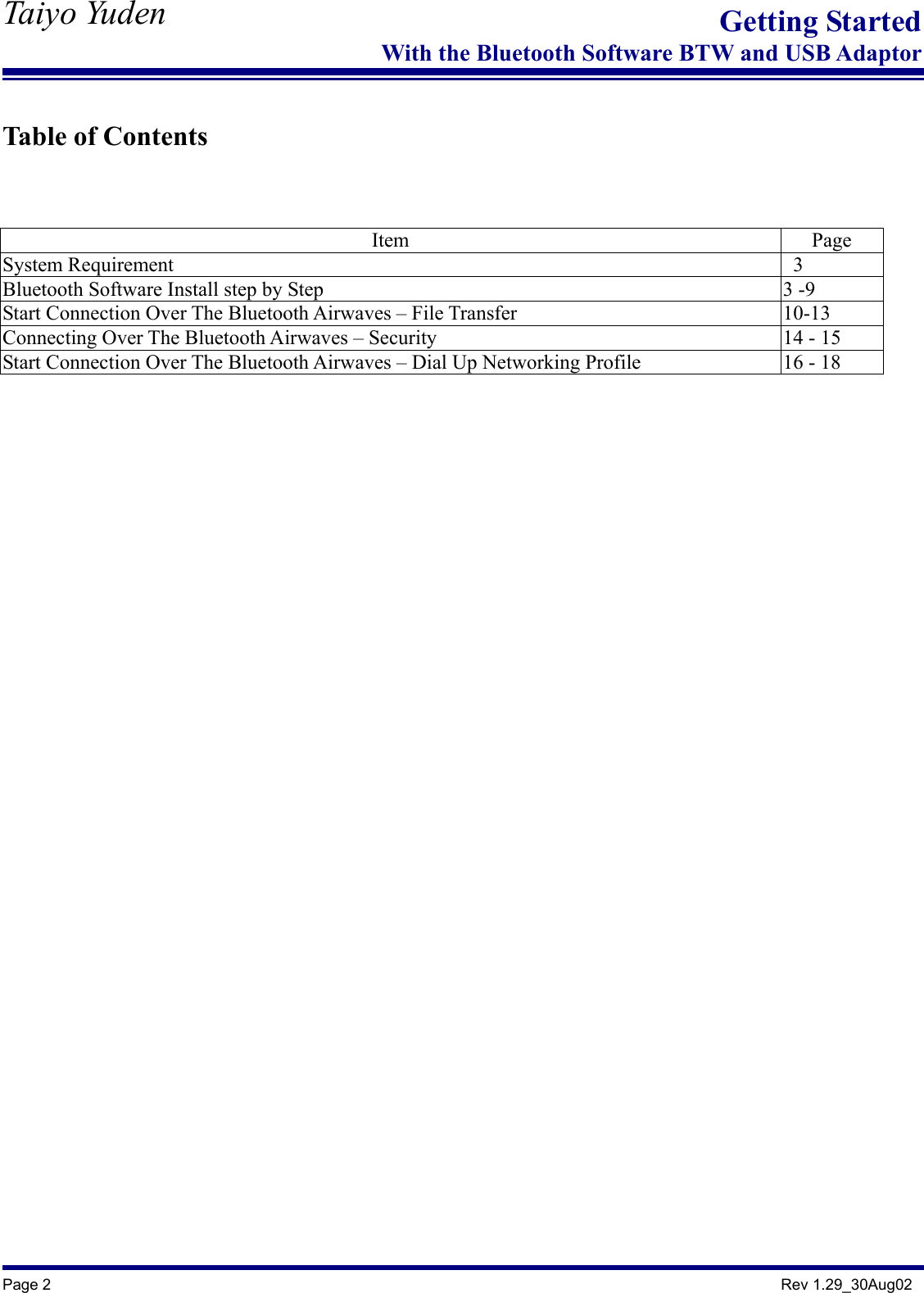   Taiyo Yuden  Page 2                                                                                               Rev 1.29_30Aug02 Getting StartedWith the Bluetooth Software BTW and USB Adaptor Table of Contents   Item Page System Requirement    3 Bluetooth Software Install step by Step  3 -9 Start Connection Over The Bluetooth Airwaves – File Transfer  10-13 Connecting Over The Bluetooth Airwaves – Security  14 - 15 Start Connection Over The Bluetooth Airwaves – Dial Up Networking Profile  16 - 18      