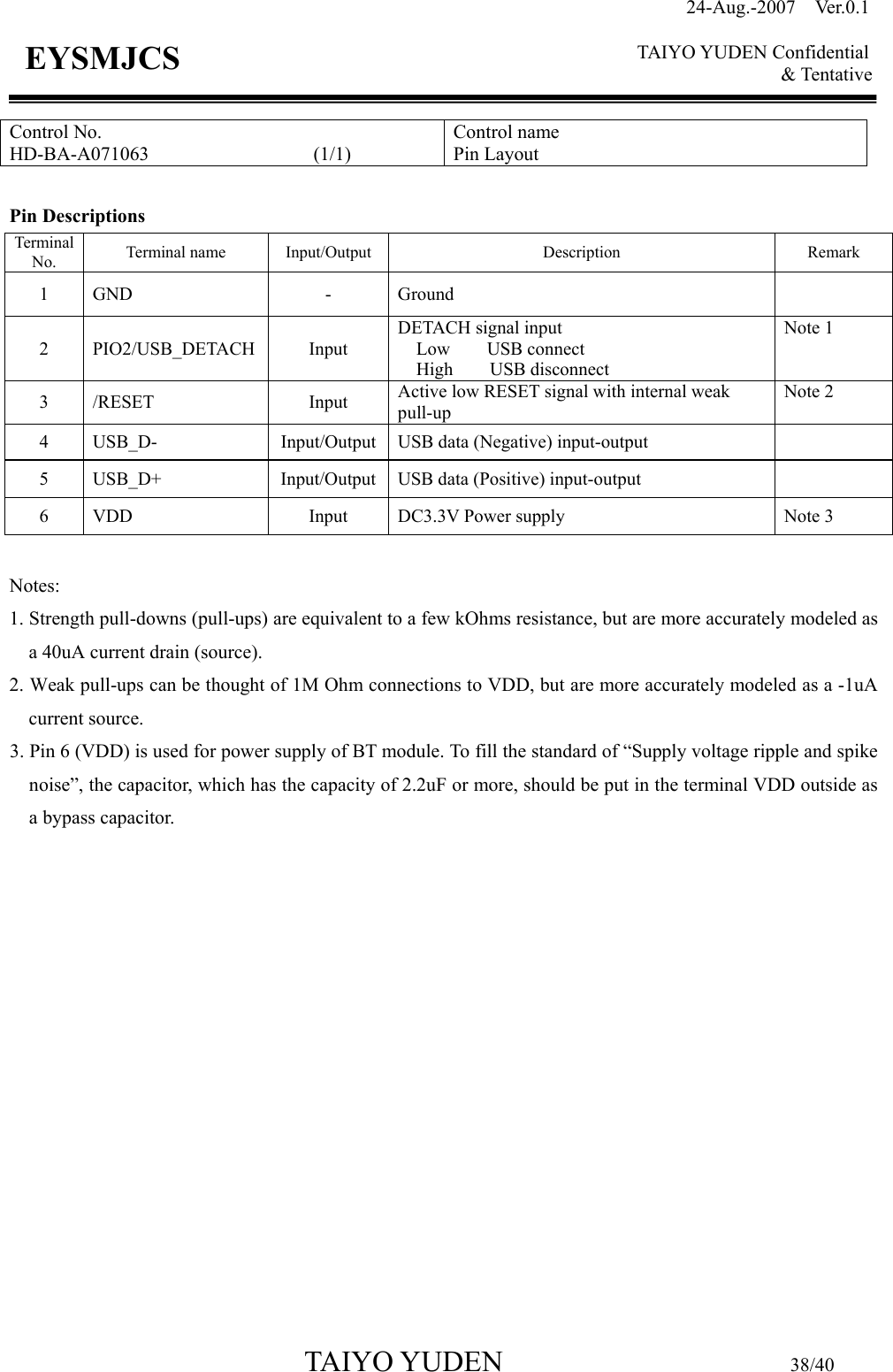 24-Aug.-2007  Ver.0.1    TAIYO YUDEN Confidential &amp; Tentative  TAIYO YUDEN                         38/40 EYSMJCS  Pin Descriptions  Terminal No.  Terminal name  Input/Output  Description  Remark 1 GND  -  Ground   2 PIO2/USB_DETACH  Input DETACH signal input Low    USB connect High    USB disconnect Note 1   3 /RESET  Input  Active low RESET signal with internal weak pull-up Note 2 4  USB_D-  Input/Output USB data (Negative) input-output   5  USB_D+  Input/Output USB data (Positive) input-output   6  VDD  Input  DC3.3V Power supply  Note 3  Notes:  1. Strength pull-downs (pull-ups) are equivalent to a few kOhms resistance, but are more accurately modeled as a 40uA current drain (source). 2. Weak pull-ups can be thought of 1M Ohm connections to VDD, but are more accurately modeled as a -1uA current source. 3. Pin 6 (VDD) is used for power supply of BT module. To fill the standard of “Supply voltage ripple and spike noise”, the capacitor, which has the capacity of 2.2uF or more, should be put in the terminal VDD outside as a bypass capacitor.               Control No. HD-BA-A071063                 (1/1)  Control name Pin Layout 