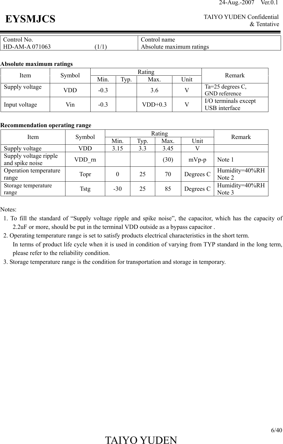24-Aug.-2007  Ver.0.1    TAIYO YUDEN Confidential &amp; Tentative  6/40 TAIYO YUDEN   EYSMJCS Control No. HD-AM-A 071063              (1/1) Control name Absolute maximum ratings  Absolute maximum ratings Rating Item Symbol Min. Typ. Max.  Unit  Remark Supply voltage  VDD -0.3   3.6  V Ta=25 degrees C, GND reference Input voltage  Vin  -0.3    VDD+0.3 V  I/O terminals except USB interface  Recommendation operating range Rating Item Symbol Min. Typ. Max.  Unit  Remark Supply voltage  VDD  3.15  3.3  3.45  V   Supply voltage ripple and spike noise  VDD_rn    (30) mVp-p Note 1 Operation temperature range  Topr 0 25 70 Degrees C Humidity=40%RHNote 2 Storage temperature range  Tstg -30 25 85 Degrees C Humidity=40%RHNote 3  Notes: 1. To fill the standard of “Supply voltage ripple and spike noise”, the capacitor, which has the capacity of 2.2uF or more, should be put in the terminal VDD outside as a bypass capacitor . 2. Operating temperature range is set to satisfy products electrical characteristics in the short term. In terms of product life cycle when it is used in condition of varying from TYP standard in the long term, please refer to the reliability condition. 3. Storage temperature range is the condition for transportation and storage in temporary.                   