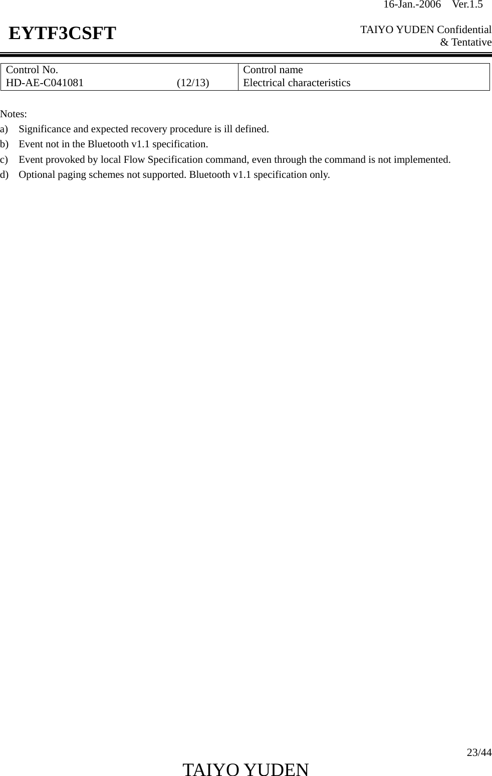 16-Jan.-2006  Ver.1.5   TAIYO YUDEN Confidential &amp; Tentative  23/44 TAIYO YUDEN   EYTF3CSFTControl No. HD-AE-C041081                 (12/13)  Control name Electrical characteristics  Notes: a) Significance and expected recovery procedure is ill defined. b) Event not in the Bluetooth v1.1 specification. c) Event provoked by local Flow Specification command, even through the command is not implemented. d) Optional paging schemes not supported. Bluetooth v1.1 specification only.                                      