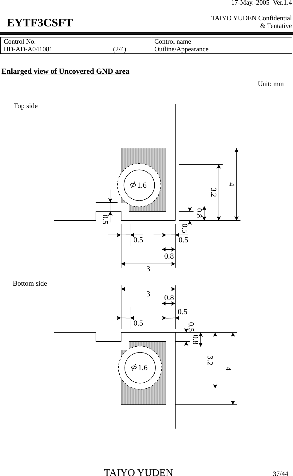17-May.-2005 Ver.1.4  TAIYO YUDEN Confidential &amp; Tentative  TAIYO YUDEN                         37/44 EYTF3CSFTControl No. HD-AD-A041081                  (2/4)   Control name Outline/Appearance  Enlarged view of Uncovered GND area   0.50.830.50.50.50.83.241.61.60.50.830.50.5 0.83.24  Unit: mm Top side Bottom side 