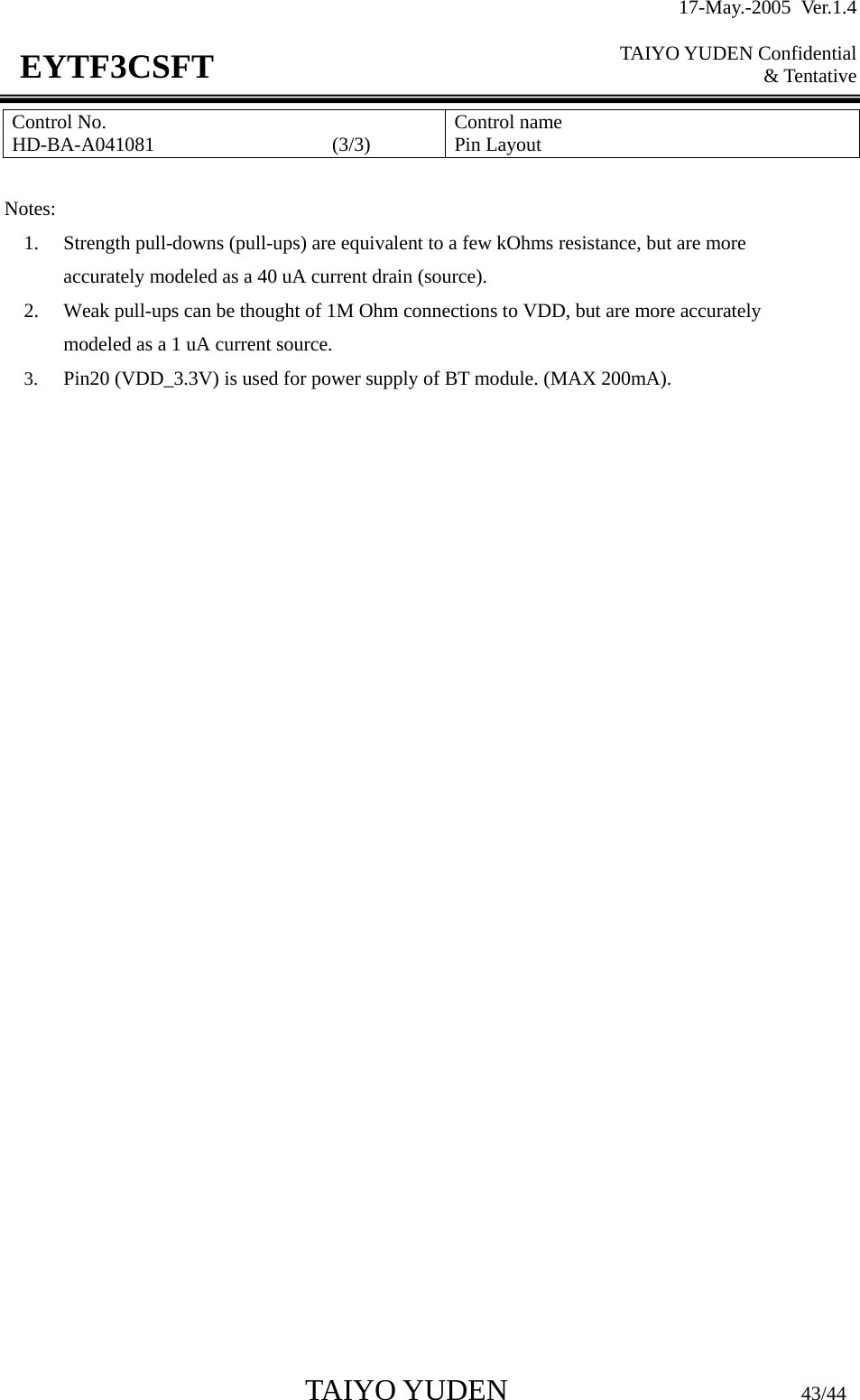 17-May.-2005 Ver.1.4  TAIYO YUDEN Confidential &amp; Tentative  TAIYO YUDEN                         43/44 EYTF3CSFTControl No. HD-BA-A041081                  (3/3)   Control name Pin Layout  Notes: 1. Strength pull-downs (pull-ups) are equivalent to a few kOhms resistance, but are more accurately modeled as a 40 uA current drain (source). 2. Weak pull-ups can be thought of 1M Ohm connections to VDD, but are more accurately modeled as a 1 uA current source. 3. Pin20 (VDD_3.3V) is used for power supply of BT module. (MAX 200mA). 