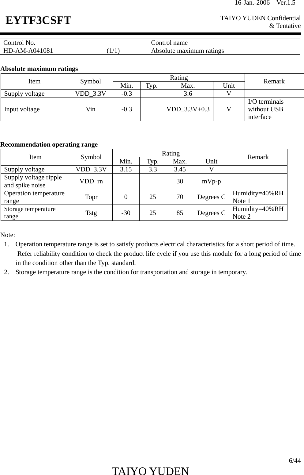 16-Jan.-2006  Ver.1.5   TAIYO YUDEN Confidential &amp; Tentative  6/44 TAIYO YUDEN   EYTF3CSFTControl No. HD-AM-A041081                (1/1)  Control name Absolute maximum ratings  Absolute maximum ratings Rating Item Symbol Min. Typ. Max.  Unit  Remark Supply voltage  VDD_3.3V  -0.3    3.6  V   Input voltage  Vin  -0.3    VDD_3.3V+0.3 V  I/O terminals without USB interface   Recommendation operating range Rating Item Symbol Min. Typ. Max.  Unit  Remark Supply voltage  VDD_3.3V  3.15  3.3  3.45  V   Supply voltage ripple and spike noise  VDD_rn    30 mVp-p   Operation temperature range  Topr 0 25 70 Degrees C Humidity=40%RHNote 1 Storage temperature range  Tstg -30 25 85 Degrees C Humidity=40%RHNote 2  Note: 1. Operation temperature range is set to satisfy products electrical characteristics for a short period of time. Refer reliability condition to check the product life cycle if you use this module for a long period of time in the condition other than the Typ. standard. 2. Storage temperature range is the condition for transportation and storage in temporary.                     