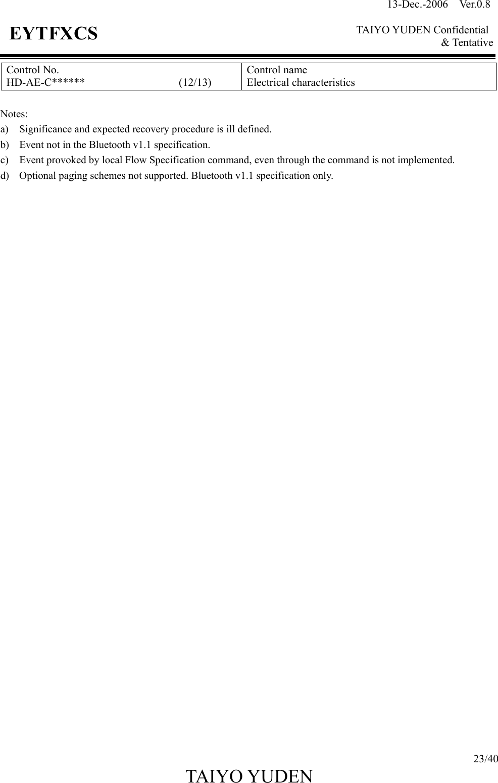 13-Dec.-2006  Ver.0.8    TAIYO YUDEN Confidential &amp; Tentative  23/40 TAIYO YUDEN   EYTFXCS Control No. HD-AE-C******                 (12/13) Control name Electrical characteristics  Notes: a)  Significance and expected recovery procedure is ill defined. b)  Event not in the Bluetooth v1.1 specification. c)  Event provoked by local Flow Specification command, even through the command is not implemented. d)  Optional paging schemes not supported. Bluetooth v1.1 specification only.                                      
