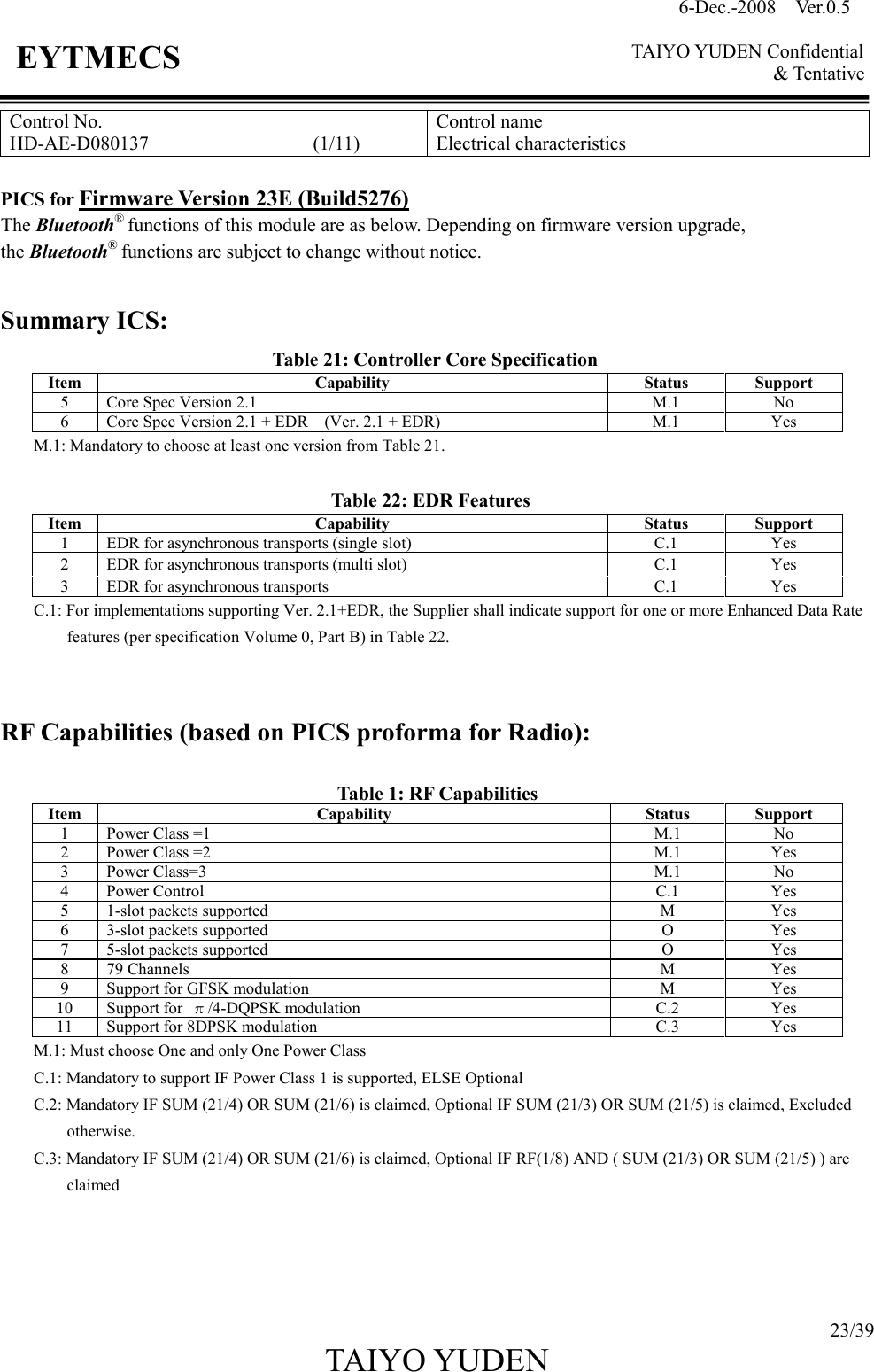 6-Dec.-2008    Ver.0.5      TAIYO YUDEN Confidential &amp; Tentative  23/39 TAIYO YUDEN   EYTMECS Control No. HD-AE-D080137                                  (1/11) Control name Electrical characteristics  PICS for Firmware Version 23E (Build5276) The Bluetooth® functions of this module are as below. Depending on firmware version upgrade,   the Bluetooth® functions are subject to change without notice.  Summary ICS: Table 21: Controller Core Specification Item Capability Status Support 5  Core Spec Version 2.1  M.1  No 6  Core Spec Version 2.1 + EDR    (Ver. 2.1 + EDR)  M.1  Yes M.1: Mandatory to choose at least one version from Table 21.  Table 22: EDR Features Item Capability Status Support 1  EDR for asynchronous transports (single slot)  C.1  Yes 2  EDR for asynchronous transports (multi slot)  C.1  Yes 3  EDR for asynchronous transports  C.1  Yes C.1: For implementations supporting Ver. 2.1+EDR, the Supplier shall indicate support for one or more Enhanced Data Rate features (per specification Volume 0, Part B) in Table 22.   RF Capabilities (based on PICS proforma for Radio):    Table 1: RF Capabilities Item Capability Status Support 1  Power Class =1  M.1  No 2  Power Class =2  M.1  Yes 3  Power Class=3  M.1  No 4  Power Control  C.1  Yes 5  1-slot packets supported  M  Yes 6  3-slot packets supported  O  Yes 7  5-slot packets supported  O  Yes 8  79 Channels  M  Yes 9  Support for GFSK modulation  M  Yes 10  Support for  π/4-DQPSK modulation  C.2  Yes 11  Support for 8DPSK modulation  C.3  Yes M.1: Must choose One and only One Power Class C.1: Mandatory to support IF Power Class 1 is supported, ELSE Optional C.2: Mandatory IF SUM (21/4) OR SUM (21/6) is claimed, Optional IF SUM (21/3) OR SUM (21/5) is claimed, Excluded otherwise. C.3: Mandatory IF SUM (21/4) OR SUM (21/6) is claimed, Optional IF RF(1/8) AND ( SUM (21/3) OR SUM (21/5) ) are claimed     