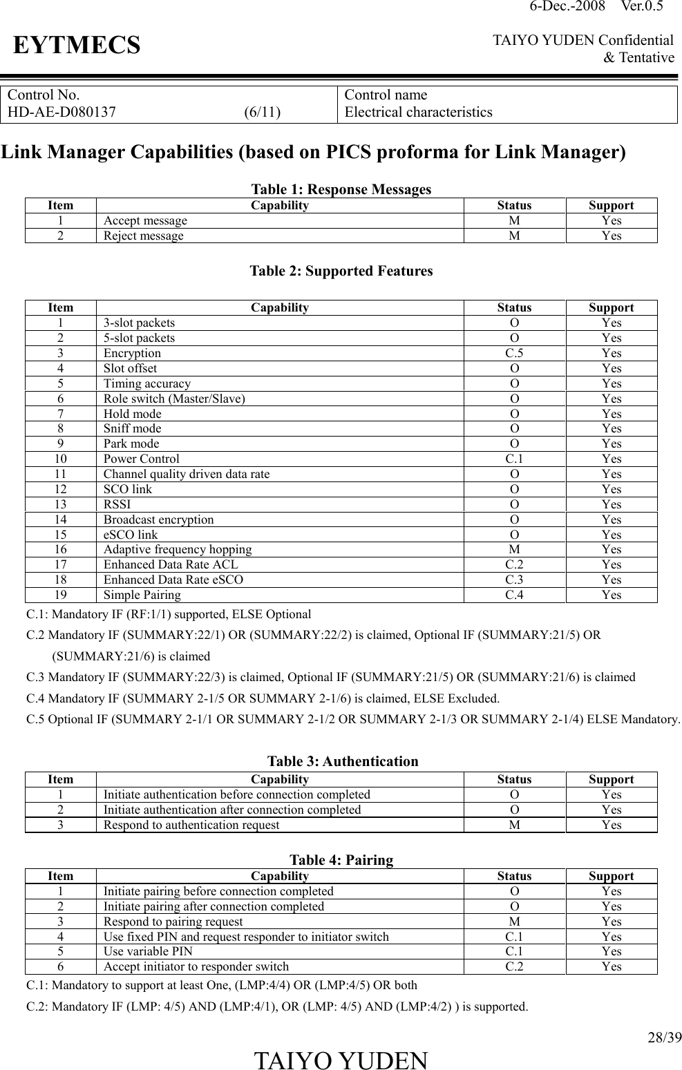 6-Dec.-2008    Ver.0.5      TAIYO YUDEN Confidential &amp; Tentative  28/39 TAIYO YUDEN   EYTMECS Control No. HD-AE-D080137                                  (6/11) Control name Electrical characteristics  Link Manager Capabilities (based on PICS proforma for Link Manager)  Table 1: Response Messages Item  Capability  Status  Support 1  Accept message M Yes 2  Reject message M Yes  Table 2: Supported Features  Item  Capability  Status  Support 1  3-slot packets O Yes 2  5-slot packets O Yes 3  Encryption C.5 Yes 4  Slot offset O Yes 5  Timing accuracy O Yes 6  Role switch (Master/Slave) O Yes 7  Hold mode O Yes 8  Sniff mode O Yes 9  Park mode O Yes 10  Power Control C.1 Yes 11  Channel quality driven data rate O Yes 12  SCO link  O  Yes 13  RSSI  O  Yes 14  Broadcast encryption  O  Yes 15  eSCO link  O  Yes 16  Adaptive frequency hopping  M  Yes 17  Enhanced Data Rate ACL  C.2  Yes 18  Enhanced Data Rate eSCO  C.3  Yes 19  Simple Pairing  C.4  Yes C.1: Mandatory IF (RF:1/1) supported, ELSE Optional C.2 Mandatory IF (SUMMARY:22/1) OR (SUMMARY:22/2) is claimed, Optional IF (SUMMARY:21/5) OR (SUMMARY:21/6) is claimed C.3 Mandatory IF (SUMMARY:22/3) is claimed, Optional IF (SUMMARY:21/5) OR (SUMMARY:21/6) is claimed C.4 Mandatory IF (SUMMARY 2-1/5 OR SUMMARY 2-1/6) is claimed, ELSE Excluded. C.5 Optional IF (SUMMARY 2-1/1 OR SUMMARY 2-1/2 OR SUMMARY 2-1/3 OR SUMMARY 2-1/4) ELSE Mandatory.  Table 3: Authentication Item  Capability  Status  Support 1  Initiate authentication before connection completed O Yes 2  Initiate authentication after connection completed O Yes 3  Respond to authentication request M Yes  Table 4: Pairing Item  Capability  Status  Support 1  Initiate pairing before connection completed O Yes 2  Initiate pairing after connection completed O Yes 3  Respond to pairing request M Yes 4  Use fixed PIN and request responder to initiator switch C.1 Yes 5  Use variable PIN C.1 Yes 6  Accept initiator to responder switch C.2 Yes C.1: Mandatory to support at least One, (LMP:4/4) OR (LMP:4/5) OR both C.2: Mandatory IF (LMP: 4/5) AND (LMP:4/1), OR (LMP: 4/5) AND (LMP:4/2) ) is supported. 