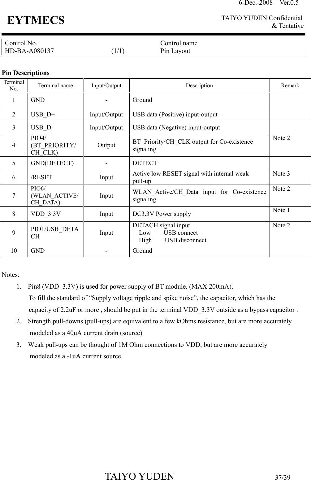 6-Dec.-2008    Ver.0.5      TAIYO YUDEN Confidential &amp; Tentative  TAIYO YUDEN                                  37/39 EYTMECS Control No. HD-BA-A080137                                  (1/1)   Control name Pin Layout  Pin Descriptions  Terminal No.  Terminal name  Input/Output  Description  Remark 1  GND  -  Ground   2  USB_D+  Input/Output  USB data (Positive) input-output   3  USB_D-  Input/Output  USB data (Negative) input-output   4 PIO4/ (BT_PRIORITY/ CH_CLK) Output  BT_Priority/CH_CLK output for Co-existence signaling Note 2 5  GND(DETECT)  -  DETECT   6  /RESET  Input  Active low RESET signal with internal weak pull-up Note 3 7 PIO6/ (WLAN_ACTIVE/ CH_DATA) Input  WLAN_Active/CH_Data  input  for  Co-existence signaling Note 2 8  VDD_3.3V  Input  DC3.3V Power supply  Note 1  9  PIO1/USB_DETACH  Input DETACH signal input Low        USB connect High        USB disconnect Note 2   10  GND  -  Ground    Notes: 1. Pin8 (VDD_3.3V) is used for power supply of BT module. (MAX 200mA).  To fill the standard of “Supply voltage ripple and spike noise”, the capacitor, which has the capacity of 2.2uF or more , should be put in the terminal VDD_3.3V outside as a bypass capacitor . 2. Strength pull-downs (pull-ups) are equivalent to a few kOhms resistance, but are more accurately modeled as a 40uA current drain (source) 3. Weak pull-ups can be thought of 1M Ohm connections to VDD, but are more accurately   modeled as a -1uA current source.         