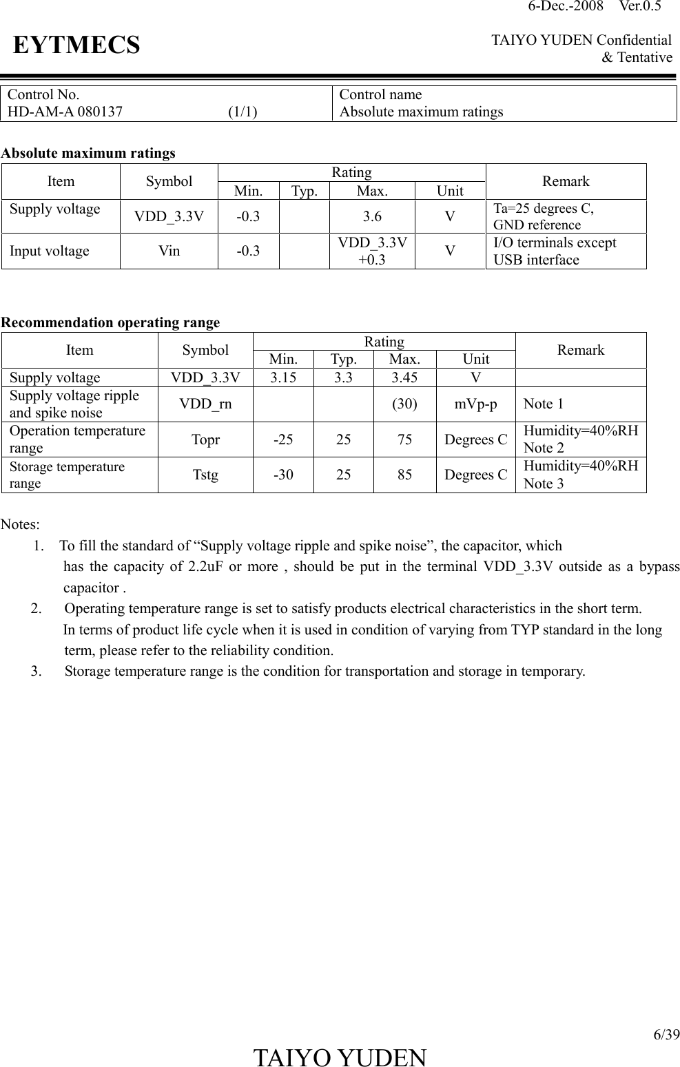6-Dec.-2008    Ver.0.5      TAIYO YUDEN Confidential &amp; Tentative  6/39 TAIYO YUDEN   EYTMECS Control No. HD-AM-A 080137                            (1/1) Control name Absolute maximum ratings  Absolute maximum ratings Rating Item  Symbol  Min.  Typ. Max.  Unit  Remark Supply voltage  VDD_3.3V  -0.3    3.6  V  Ta=25 degrees C, GND reference Input voltage  Vin  -0.3    VDD_3.3V +0.3  V  I/O terminals except USB interface   Recommendation operating range Rating Item  Symbol  Min.  Typ.  Max.  Unit  Remark Supply voltage  VDD_3.3V 3.15  3.3  3.45  V   Supply voltage ripple and spike noise  VDD_rn      (30)  mVp-p  Note 1 Operation temperature range  Topr  -25  25  75  Degrees C Humidity=40%RH Note 2 Storage temperature range  Tstg  -30  25  85  Degrees C Humidity=40%RH Note 3  Notes: 1.    To fill the standard of “Supply voltage ripple and spike noise”, the capacitor, which   has  the  capacity  of  2.2uF  or  more  ,  should  be  put  in  the  terminal  VDD_3.3V  outside  as  a  bypass capacitor . 2.      Operating temperature range is set to satisfy products electrical characteristics in the short term.       In terms of product life cycle when it is used in condition of varying from TYP standard in the long   term, please refer to the reliability condition. 3.      Storage temperature range is the condition for transportation and storage in temporary.                 