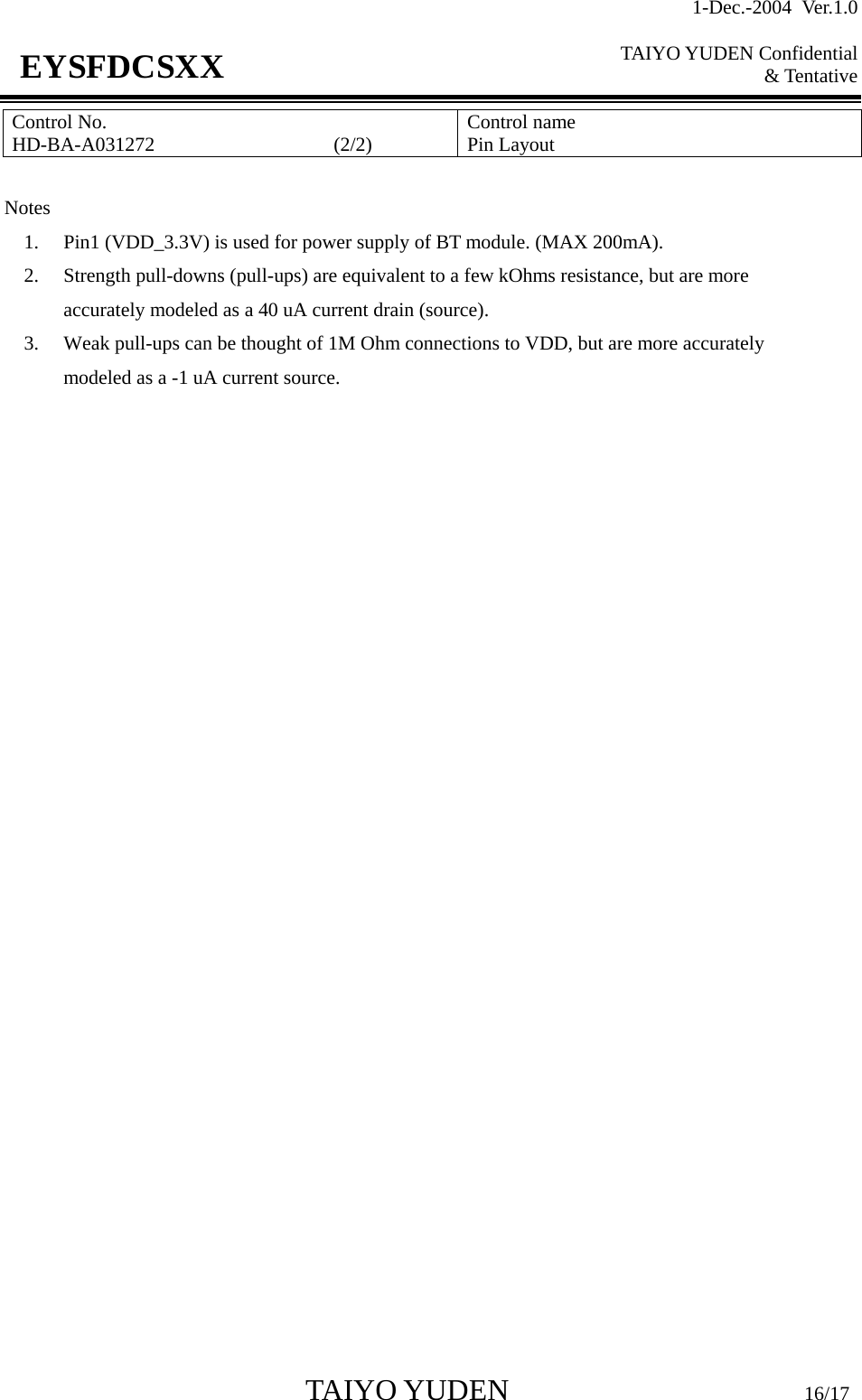 1-Dec.-2004 Ver.1.0  TAIYO YUDEN Confidential &amp; Tentative  TAIYO YUDEN                         16/17 EYSFDCSXX Control No. HD-BA-A031272                  (2/2)   Control name Pin Layout  Notes 1.  Pin1 (VDD_3.3V) is used for power supply of BT module. (MAX 200mA). 2.  Strength pull-downs (pull-ups) are equivalent to a few kOhms resistance, but are more accurately modeled as a 40 uA current drain (source). 3.  Weak pull-ups can be thought of 1M Ohm connections to VDD, but are more accurately modeled as a -1 uA current source. 