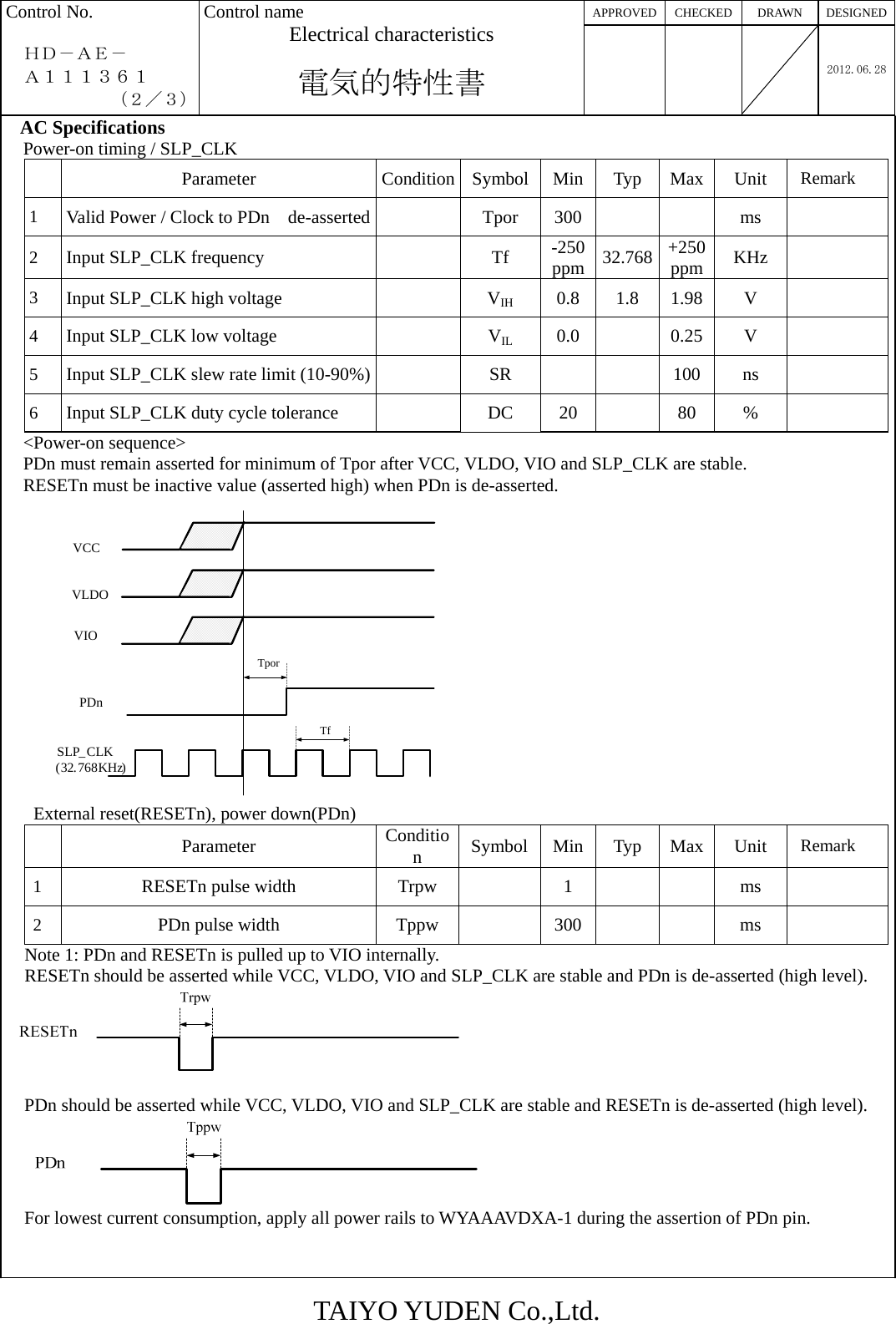 TAIYO YUDEN Co.,Ltd. APPROVED CHECKED  DRAWN  DESIGNEDControl No.    ＨＤ－ＡＥ－  Ａ１１１３６１       （２／３） Control name Electrical characteristics  電気的特性書    2012.06.28  AC Specifications Power-on timing / SLP_CLK Parameter Condition Symbol Min Typ Max Unit Remark 1  Valid Power / Clock to PDn    de-asserted   Tpor  300     ms   2  Input SLP_CLK frequency    Tf  -250ppm 32.768  +250 ppm  KHz  3  Input SLP_CLK high voltage    VIH 0.8 1.8 1.98 V  4  Input SLP_CLK low voltage    VIL 0.0  0.25 V  5  Input SLP_CLK slew rate limit (10-90%)   SR      100  ns   6  Input SLP_CLK duty cycle tolerance    DC  20    80  %   &lt;Power-on sequence&gt; PDn must remain asserted for minimum of Tpor after VCC, VLDO, VIO and SLP_CLK are stable.   RESETn must be inactive value (asserted high) when PDn is de-asserted.               External reset(RESETn), power down(PDn) Parameter  Condition  Symbol Min Typ Max Unit  Remark 1  RESETn pulse width  Trpw    1      ms   2  PDn pulse width  Tppw    300     ms   Note 1: PDn and RESETn is pulled up to VIO internally. RESETn should be asserted while VCC, VLDO, VIO and SLP_CLK are stable and PDn is de-asserted (high level).     PDn should be asserted while VCC, VLDO, VIO and SLP_CLK are stable and RESETn is de-asserted (high level).    For lowest current consumption, apply all power rails to WYAAAVDXA-1 during the assertion of PDn pin.   TporPDnVLDOSLP_CLK(32.768KHz)TfVIOVCC