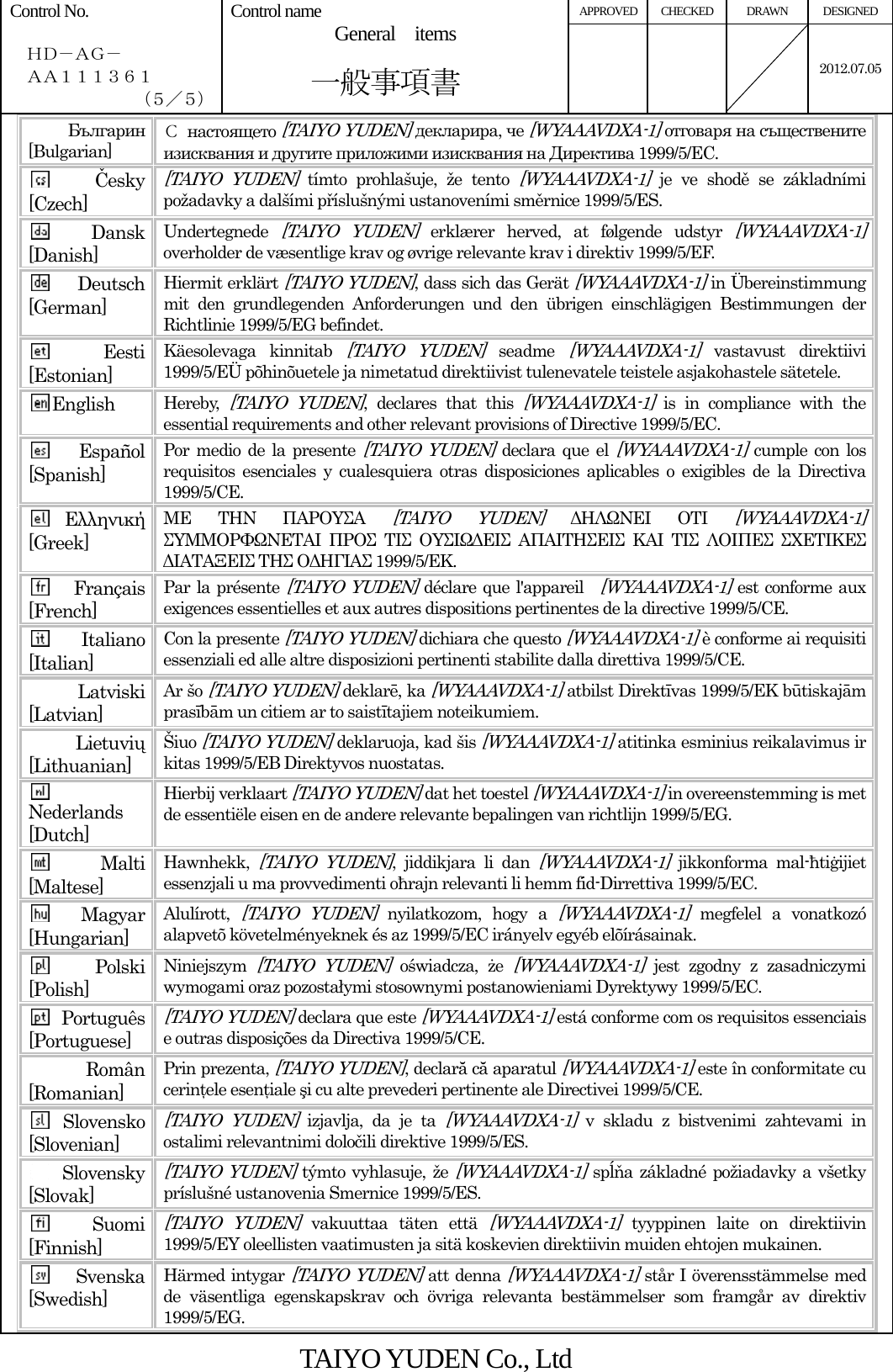 APPROVED CHECKED  DRAWN  DESIGNED Control No.    ＨＤ－ＡＧ－   ＡＡ１１１３６１ （５／５） Control name  General  items       一般事項書    2012.07.05   Българин [Bulgarian] С настоящето [TAIYO YUDEN] декларира, че [WYAAAVDXA-1] отговаря на съществените изисквания и другите приложими изисквания на Директива 1999/5/ЕС. Česky [Czech] [TAIYO YUDEN] tímto prohlašuje, že tento [WYAAAVDXA-1] je ve shodě se základními požadavky a dalšími příslušnými ustanoveními směrnice 1999/5/ES. Dansk [Danish] Undertegnede [TAIYO YUDEN] erklærer herved, at følgende udstyr [WYAAAVDXA-1] overholder de væsentlige krav og øvrige relevante krav i direktiv 1999/5/EF. Deutsch [German] Hiermit erklärt [TAIYO YUDEN], dass sich das Gerät [WYAAAVDXA-1] in Übereinstimmung mit den grundlegenden Anforderungen und den übrigen einschlägigen Bestimmungen der Richtlinie 1999/5/EG befindet. Eesti [Estonian] Käesolevaga kinnitab [TAIYO YUDEN] seadme [WYAAAVDXA-1] vastavust direktiivi 1999/5/EÜ põhinõuetele ja nimetatud direktiivist tulenevatele teistele asjakohastele sätetele. English  Hereby, [TAIYO YUDEN], declares that this [WYAAAVDXA-1] is in compliance with the essential requirements and other relevant provisions of Directive 1999/5/EC. Español [Spanish] Por medio de la presente [TAIYO YUDEN] declara que el [WYAAAVDXA-1] cumple con los requisitos esenciales y cualesquiera otras disposiciones aplicables o exigibles de la Directiva 1999/5/CE. Ελληνική [Greek] ΜΕ ΤΗΝ ΠΑΡΟΥΣΑ [TAIYO YUDEN] ΔΗΛΩΝΕΙ ΟΤΙ [WYAAAVDXA-1] ΣΥΜΜΟΡΦΩΝΕΤΑΙ ΠΡΟΣ ΤΙΣ ΟΥΣΙΩΔΕΙΣ ΑΠΑΙΤΗΣΕΙΣ ΚΑΙ ΤΙΣ ΛΟΙΠΕΣ ΣΧΕΤΙΚΕΣ ΔΙΑΤΑΞΕΙΣ ΤΗΣ ΟΔΗΓΙΑΣ 1999/5/ΕΚ. Français [French] Par la présente [TAIYO YUDEN] déclare que l&apos;appareil  [WYAAAVDXA-1] est conforme aux exigences essentielles et aux autres dispositions pertinentes de la directive 1999/5/CE. Italiano [Italian] Con la presente [TAIYO YUDEN] dichiara che questo [WYAAAVDXA-1] è conforme ai requisiti essenziali ed alle altre disposizioni pertinenti stabilite dalla direttiva 1999/5/CE. Latviski [Latvian] Ar šo [TAIYO YUDEN] deklarē, ka [WYAAAVDXA-1] atbilst Direktīvas 1999/5/EK būtiskajām prasībām un citiem ar to saistītajiem noteikumiem. Lietuvių [Lithuanian]  Šiuo [TAIYO YUDEN] deklaruoja, kad šis [WYAAAVDXA-1] atitinka esminius reikalavimus ir kitas 1999/5/EB Direktyvos nuostatas. Nederlands [Dutch] Hierbij verklaart [TAIYO YUDEN] dat het toestel [WYAAAVDXA-1] in overeenstemming is met de essentiële eisen en de andere relevante bepalingen van richtlijn 1999/5/EG. Malti [Maltese] Hawnhekk, [TAIYO YUDEN], jiddikjara li dan [WYAAAVDXA-1] jikkonforma mal-ħtiġijiet essenzjali u ma provvedimenti oħrajn relevanti li hemm fid-Dirrettiva 1999/5/EC. Magyar [Hungarian] Alulírott, [TAIYO YUDEN] nyilatkozom, hogy a [WYAAAVDXA-1] megfelel a vonatkozó alapvetõ követelményeknek és az 1999/5/EC irányelv egyéb elõírásainak. Polski [Polish] Niniejszym [TAIYO YUDEN] oświadcza,  że [WYAAAVDXA-1] jest zgodny z zasadniczymi wymogami oraz pozostałymi stosownymi postanowieniami Dyrektywy 1999/5/EC. Português [Portuguese] [TAIYO YUDEN] declara que este [WYAAAVDXA-1] está conforme com os requisitos essenciais e outras disposições da Directiva 1999/5/CE. Român [Romanian] Prin prezenta, [TAIYO YUDEN], declară că aparatul [WYAAAVDXA-1] este în conformitate cu cerinţele esenţiale şi cu alte prevederi pertinente ale Directivei 1999/5/CE. Slovensko [Slovenian] [TAIYO YUDEN] izjavlja, da je ta [WYAAAVDXA-1] v skladu z bistvenimi zahtevami in ostalimi relevantnimi določili direktive 1999/5/ES. Slovensky [Slovak] [TAIYO YUDEN] týmto vyhlasuje, že [WYAAAVDXA-1] spĺňa základné požiadavky a všetky príslušné ustanovenia Smernice 1999/5/ES. Suomi [Finnish] [TAIYO YUDEN] vakuuttaa täten että [WYAAAVDXA-1] tyyppinen laite on direktiivin 1999/5/EY oleellisten vaatimusten ja sitä koskevien direktiivin muiden ehtojen mukainen. Svenska [Swedish] Härmed intygar [TAIYO YUDEN] att denna [WYAAAVDXA-1] står I överensstämmelse med de väsentliga egenskapskrav och övriga relevanta bestämmelser som framgår av direktiv 1999/5/EG.  TAIYO YUDEN Co., Ltd 