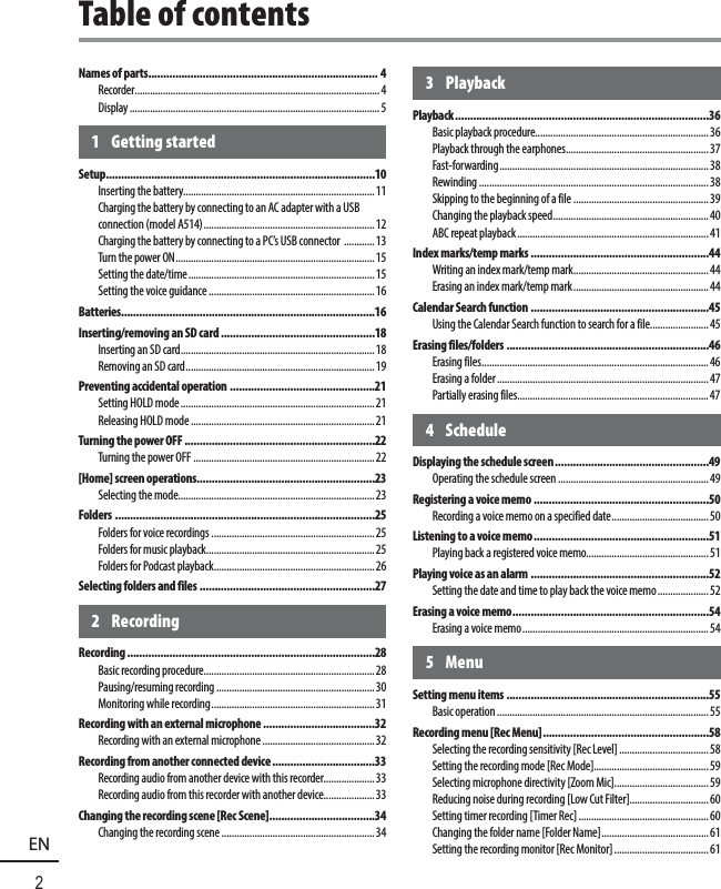 2ENNames of parts ............................................................................ 4Recorder ................................................................................................4Display .................................................................................................. 51 Getting startedSetup .........................................................................................10Inserting the battery........................................................................... 11Charging the battery by connecting to an AC adapter with a USB connection (model A514) ...................................................................12Charging the battery by connecting to a PC’s USB connector  ............13Turn the power ON .............................................................................. 15Setting the date/time .........................................................................15Setting the voice guidance .................................................................16Batteries....................................................................................16Inserting/removing an SD card ...................................................18Inserting an SD card ............................................................................ 18Removing an SD card .......................................................................... 19Preventing accidental operation ................................................21Setting HOLD mode ............................................................................21Releasing HOLD mode ........................................................................21Turning the power OFF ...............................................................22Turning the power OFF .......................................................................22[Home] screen operations ...........................................................23Selecting the mode............................................................................. 23Folders  ......................................................................................25Folders for voice recordings ................................................................25Folders for music playback .................................................................. 25Folders for Podcast playback ...............................................................26Selecting folders and files ..........................................................272 RecordingRecording ..................................................................................28Basic recording procedure ...................................................................28Pausing/resuming recording ..............................................................30Monitoring while recording ................................................................ 31Recording with an external microphone .....................................32Recording with an external microphone ............................................32Recording from another connected device ..................................33Recording audio from another device with this recorder.................... 33Recording audio from this recorder with another device.................... 33Changing the recording scene [Rec Scene] ...................................34Changing the recording scene ............................................................343 PlaybackPlayback ....................................................................................36Basic playback procedure .................................................................... 36Playback through the earphones ........................................................37Fast-forwarding .................................................................................. 38Rewinding .......................................................................................... 38Skipping to the beginning of a file ..................................................... 39Changing the playback speed .............................................................40ABC repeat playback ...........................................................................41Index marks/temp marks ...........................................................44Writing an index mark/temp mark ..................................................... 44Erasing an index mark/temp mark .....................................................44Calendar Search function ...........................................................45Using the Calendar Search function to search for a file ....................... 45Erasing files/folders ...................................................................46Erasing files ......................................................................................... 46Erasing a folder ...................................................................................47Partially erasing files ...........................................................................474 ScheduleDisplaying the schedule screen ...................................................49Operating the schedule screen ...........................................................49Registering a voice memo ..........................................................50Recording a voice memo on a specified date ...................................... 50Listening to a voice memo ..........................................................51Playing back a registered voice memo................................................51Playing voice as an alarm ...........................................................52Setting the date and time to play back the voice memo ....................52Erasing a voice memo .................................................................54Erasing a voice memo ......................................................................... 545 MenuSetting menu items ...................................................................55Basic operation ...................................................................................55Recording menu [Rec Menu] .......................................................58Selecting the recording sensitivity [Rec Level] ................................... 58Setting the recording mode [RecMode].............................................59Selecting microphone directivity [Zoom Mic].....................................59Reducing noise during recording [Low Cut Filter]...............................60Setting timer recording [TimerRec] ...................................................60Changing the folder name [FolderName] .......................................... 61Setting the recording monitor [Rec Monitor] .....................................61Table of contents