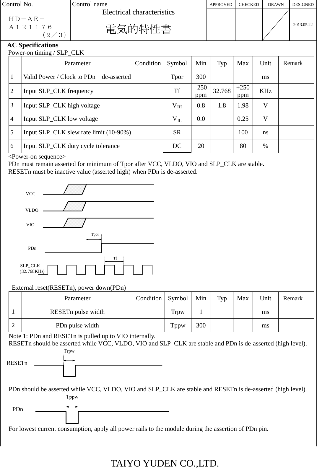 APPROVED CHECKED  DRAWN  DESIGNEDControl No.    ＨＤ－ＡＥ－  Ａ１２１１７６       （２／３） Control name Electrical characteristics  電気的特性書    2013.05.22  AC Specifications Power-on timing / SLP_CLK Parameter Condition Symbol Min Typ Max Unit Remark 1  Valid Power / Clock to PDn    de-asserted   Tpor  300     ms   2  Input SLP_CLK frequency    Tf  -250ppm 32.768  +250 ppm  KHz  3  Input SLP_CLK high voltage    VIH 0.8 1.8 1.98 V  4  Input SLP_CLK low voltage    VIL 0.0  0.25 V  5  Input SLP_CLK slew rate limit (10-90%)   SR      100  ns   6  Input SLP_CLK duty cycle tolerance    DC  20    80  %   &lt;Power-on sequence&gt; PDn must remain asserted for minimum of Tpor after VCC, VLDO, VIO and SLP_CLK are stable.   RESETn must be inactive value (asserted high) when PDn is de-asserted.               External reset(RESETn), power down(PDn) Parameter Condition Symbol Min Typ Max Unit Remark 1  RESETn pulse width    Trpw  1      ms   2  PDn pulse width    Tppw  300     ms   Note 1: PDn and RESETn is pulled up to VIO internally. RESETn should be asserted while VCC, VLDO, VIO and SLP_CLK are stable and PDn is de-asserted (high level).     PDn should be asserted while VCC, VLDO, VIO and SLP_CLK are stable and RESETn is de-asserted (high level).    For lowest current consumption, apply all power rails to the module during the assertion of PDn pin.   TporPDnVLDOSLP_CLK(32.768KHz)TfVIOVCC TAIYO YUDEN CO.,LTD. 