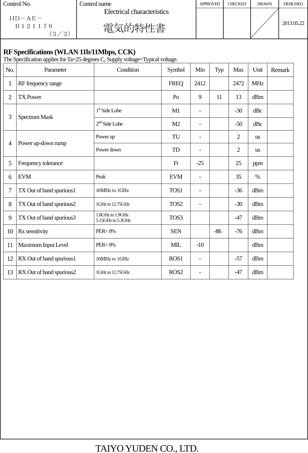 APPROVED CHECKED DRAWN DESIGNED Control No.    ＨＤ－ＡＥ－     Ｂ１２１１７６ （３／３） Control name Electrical characteristics       電気的特性書    2013.05.22 RF Specifications (WLAN 11b/11Mbps, CCK) The Specification applies for Ta=25 degrees C, Supply voltage=Typical voltage. No.  Parameter Condition Symbol Min Typ Max Unit Remark1  RF frequency range   FREQ 2412   2472 MHz  2  TX Power   Po 9 11 13 dBm  1st Side Lobe  M1 -  -30 dBc  3  Spectrum Mask  2nd Side Lobe  M2 -  -50 dBc  Power up  TU -  2 us  4  Power up-down rump  Power down  TD -  2 us  5  Frequency tolerance   Ft -25  25 ppm  6  EVM  Peak  EVM -   35 %  7  TX Out of band spurious1  30MHz to 1GHz  TOS1 -   -36 dBm  8  TX Out of band spurious2  1GHz to 12.75GHz  TOS2 -   -30 dBm  9  TX Out of band spurious3  1.8GHz to 1.9GHz 5.15GHz to 5.3GHz  TOS3    -47 dBm  10  Rx sensitivity  PER&lt; 8%  SEN  -86 -76 dBm  11  Maximum Input Level  PER&lt; 8%  MIL -10    dBm  12  RX Out of band spurious1  30MHz to 1GHz ROS1 -   -57 dBm  13  RX Out of band spurious2  1GHz to 12.75GHz  ROS2 -   -47 dBm    TAIYO YUDEN CO., LTD.  