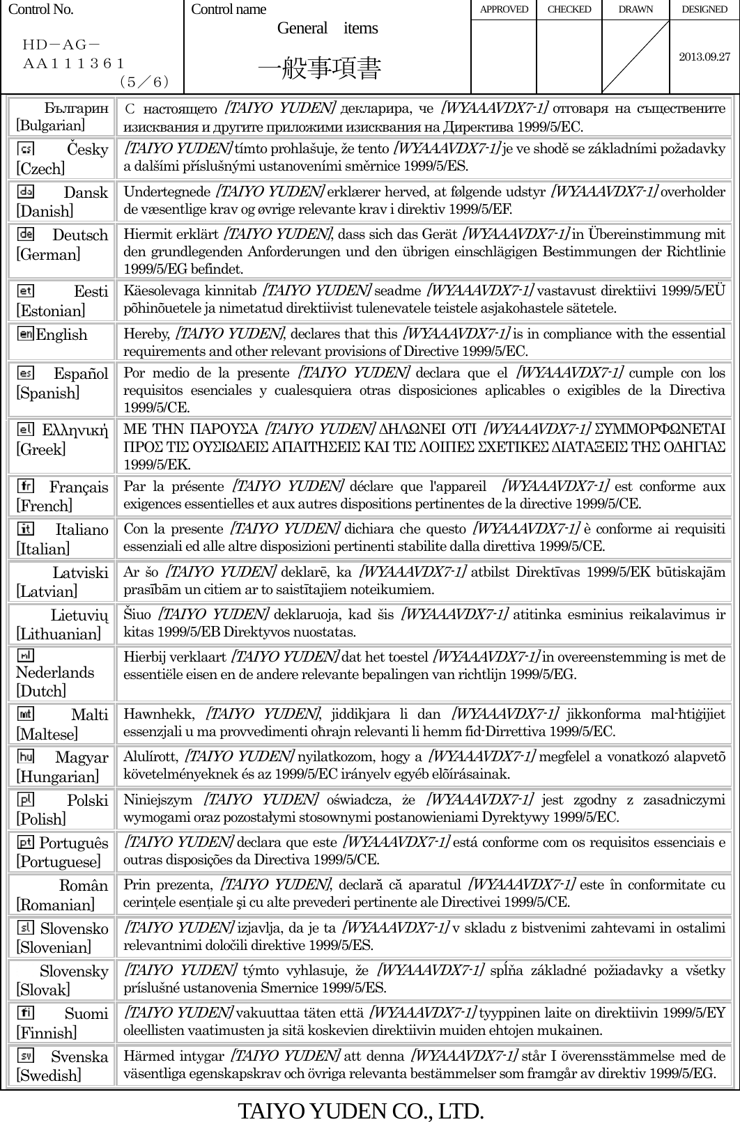 APPROVED CHECKED  DRAWN  DESIGNED Control No.    ＨＤ－ＡＧ－   ＡＡ１１１３６１ （５／６） Control name  General  items       一般事項書    2013.09.27   Българин [Bulgarian] С настоящето [TAIYO YUDEN] декларира,  че [WYAAAVDX7-1] отговаря на съществените изисквания и другите приложими изисквания на Директива 1999/5/ЕС. Česky [Czech] [TAIYO YUDEN] tímto prohlašuje, že tento [WYAAAVDX7-1] je ve shodě se základními požadavky a dalšími příslušnými ustanoveními směrnice 1999/5/ES. Dansk [Danish] Undertegnede [TAIYO YUDEN] erklærer herved, at følgende udstyr [WYAAAVDX7-1] overholder de væsentlige krav og øvrige relevante krav i direktiv 1999/5/EF. Deutsch [German] Hiermit erklärt [TAIYO YUDEN], dass sich das Gerät [WYAAAVDX7-1] in Übereinstimmung mit den grundlegenden Anforderungen und den übrigen einschlägigen Bestimmungen der Richtlinie 1999/5/EG befindet. Eesti [Estonian] Käesolevaga kinnitab [TAIYO YUDEN] seadme [WYAAAVDX7-1] vastavust direktiivi 1999/5/EÜ põhinõuetele ja nimetatud direktiivist tulenevatele teistele asjakohastele sätetele. English  Hereby, [TAIYO YUDEN], declares that this [WYAAAVDX7-1] is in compliance with the essential requirements and other relevant provisions of Directive 1999/5/EC. Español [Spanish] Por medio de la presente [TAIYO YUDEN] declara que el [WYAAAVDX7-1] cumple con los requisitos esenciales y cualesquiera otras disposiciones aplicables o exigibles de la Directiva 1999/5/CE. Ελληνική [Greek] ΜΕ ΤΗΝ ΠΑΡΟΥΣΑ [TAIYO YUDEN] ΔΗΛΩΝΕΙ ΟΤΙ [WYAAAVDX7-1] ΣΥΜΜΟΡΦΩΝΕΤΑΙ ΠΡΟΣ ΤΙΣ ΟΥΣΙΩΔΕΙΣ ΑΠΑΙΤΗΣΕΙΣ ΚΑΙ ΤΙΣ ΛΟΙΠΕΣ ΣΧΕΤΙΚΕΣ ΔΙΑΤΑΞΕΙΣ ΤΗΣ ΟΔΗΓΙΑΣ 1999/5/ΕΚ. Français [French] Par la présente [TAIYO YUDEN] déclare que l&apos;appareil  [WYAAAVDX7-1] est conforme aux exigences essentielles et aux autres dispositions pertinentes de la directive 1999/5/CE. Italiano [Italian] Con la presente [TAIYO YUDEN] dichiara che questo [WYAAAVDX7-1] è conforme ai requisiti essenziali ed alle altre disposizioni pertinenti stabilite dalla direttiva 1999/5/CE. Latviski [Latvian] Ar šo [TAIYO YUDEN] deklarē, ka [WYAAAVDX7-1] atbilst Direktīvas 1999/5/EK būtiskajām prasībām un citiem ar to saistītajiem noteikumiem. Lietuvių [Lithuanian]  Šiuo [TAIYO YUDEN] deklaruoja, kad šis [WYAAAVDX7-1] atitinka esminius reikalavimus ir kitas 1999/5/EB Direktyvos nuostatas. Nederlands [Dutch] Hierbij verklaart [TAIYO YUDEN] dat het toestel [WYAAAVDX7-1] in overeenstemming is met de essentiële eisen en de andere relevante bepalingen van richtlijn 1999/5/EG. Malti [Maltese] Hawnhekk, [TAIYO YUDEN], jiddikjara li dan [WYAAAVDX7-1] jikkonforma mal-ħtiġijiet essenzjali u ma provvedimenti oħrajn relevanti li hemm fid-Dirrettiva 1999/5/EC. Magyar [Hungarian] Alulírott, [TAIYO YUDEN] nyilatkozom, hogy a [WYAAAVDX7-1] megfelel a vonatkozó alapvetõ követelményeknek és az 1999/5/EC irányelv egyéb elõírásainak. Polski [Polish] Niniejszym [TAIYO YUDEN] oświadcza,  że [WYAAAVDX7-1] jest zgodny z zasadniczymi wymogami oraz pozostałymi stosownymi postanowieniami Dyrektywy 1999/5/EC. Português [Portuguese] [TAIYO YUDEN] declara que este [WYAAAVDX7-1] está conforme com os requisitos essenciais e outras disposições da Directiva 1999/5/CE. Român [Romanian] Prin prezenta, [TAIYO YUDEN], declară că aparatul [WYAAAVDX7-1] este în conformitate cu cerinţele esenţiale şi cu alte prevederi pertinente ale Directivei 1999/5/CE. Slovensko [Slovenian] [TAIYO YUDEN] izjavlja, da je ta [WYAAAVDX7-1] v skladu z bistvenimi zahtevami in ostalimi relevantnimi določili direktive 1999/5/ES. Slovensky [Slovak] [TAIYO YUDEN] týmto vyhlasuje, že [WYAAAVDX7-1] spĺňa základné požiadavky a všetky príslušné ustanovenia Smernice 1999/5/ES. Suomi [Finnish] [TAIYO YUDEN] vakuuttaa täten että [WYAAAVDX7-1] tyyppinen laite on direktiivin 1999/5/EY oleellisten vaatimusten ja sitä koskevien direktiivin muiden ehtojen mukainen. Svenska [Swedish] Härmed intygar [TAIYO YUDEN] att denna [WYAAAVDX7-1] står I överensstämmelse med de väsentliga egenskapskrav och övriga relevanta bestämmelser som framgår av direktiv 1999/5/EG.  TAIYO YUDEN CO., LTD. 