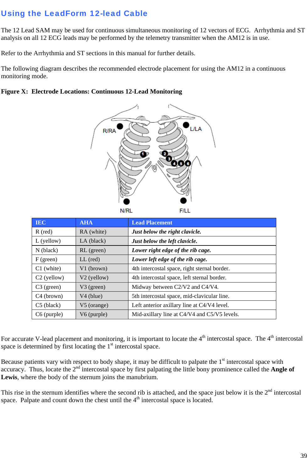   39 Using the LeadForm 12-lead Cable  The 12 Lead SAM may be used for continuous simultaneous monitoring of 12 vectors of ECG.  Arrhythmia and ST analysis on all 12 ECG leads may be performed by the telemetry transmitter when the AM12 is in use.  Refer to the Arrhythmia and ST sections in this manual for further details.  The following diagram describes the recommended electrode placement for using the AM12 in a continuous monitoring mode.    Figure X:  Electrode Locations: Continuous 12-Lead Monitoring  IEC  AHA  Lead Placement R (red)  RA (white)  Just below the right clavicle. L (yellow)  LA (black)  Just below the left clavicle. N (black)  RL (green)  Lower right edge of the rib cage. F (green)  LL (red)  Lower left edge of the rib cage. C1 (white)  V1 (brown)  4th intercostal space, right sternal border. C2 (yellow)  V2 (yellow)  4th intercostal space, left sternal border. C3 (green)  V3 (green)  Midway between C2/V2 and C4/V4. C4 (brown)  V4 (blue)  5th intercostal space, mid-clavicular line. C5 (black)  V5 (orange)  Left anterior axillary line at C4/V4 level. C6 (purple)  V6 (purple)  Mid-axillary line at C4/V4 and C5/V5 levels.  For accurate V-lead placement and monitoring, it is important to locate the 4th intercostal space.  The 4th intercostal space is determined by first locating the 1st intercostal space.    Because patients vary with respect to body shape, it may be difficult to palpate the 1st intercostal space with accuracy.  Thus, locate the 2nd intercostal space by first palpating the little bony prominence called the Angle of Lewis, where the body of the sternum joins the manubrium.    This rise in the sternum identifies where the second rib is attached, and the space just below it is the 2nd intercostal space.  Palpate and count down the chest until the 4th intercostal space is located.   