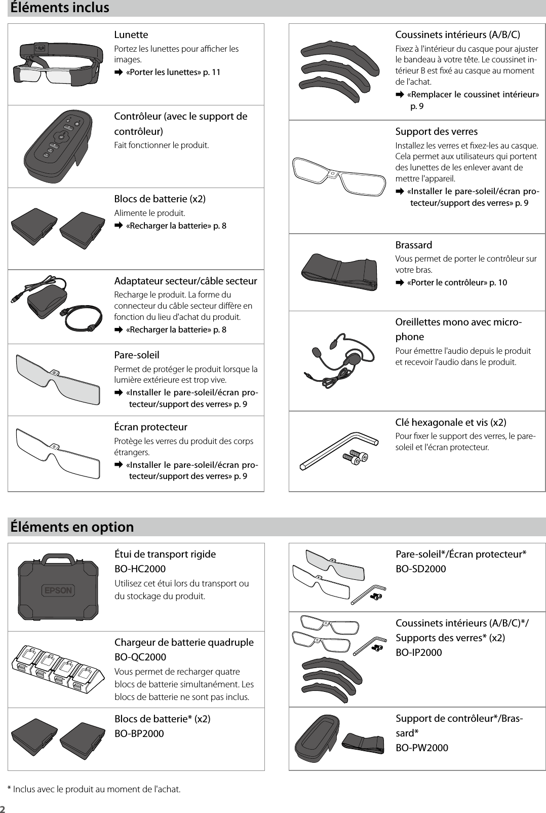 2Éléments inclusÉléments en optionLunettePortez les lunettes pour acher les images. ➡«Porter les lunettes» p. 11Contrôleur (avec le support de contrôleur)Fait fonctionner le produit.Blocs de batterie (x2)Alimente le produit. ➡«Recharger la batterie» p. 8Adaptateur secteur/câble secteurRecharge le produit. La forme du connecteur du câble secteur dière en fonction du lieu d&apos;achat du produit. ➡«Recharger la batterie» p. 8Pare-soleilPermet de protéger le produit lorsque la lumière extérieure est trop vive. ➡«Installer le pare-soleil/écran pro-tecteur/support des verres» p. 9Écran protecteurProtège les verres du produit des corps étrangers. ➡«Installer le pare-soleil/écran pro-tecteur/support des verres» p. 9Coussinets intérieurs (A/B/C)Fixez à l&apos;intérieur du casque pour ajuster le bandeau à votre tête. Le coussinet in-térieur B est xé au casque au moment de l&apos;achat. ➡«Remplacer le coussinet intérieur» p. 9Support des verresInstallez les verres et xez-les au casque. Cela permet aux utilisateurs qui portent des lunettes de les enlever avant de mettre l&apos;appareil. ➡«Installer le pare-soleil/écran pro-tecteur/support des verres» p. 9BrassardVous permet de porter le contrôleur sur votre bras. ➡«Porter le contrôleur» p. 10Oreillettes mono avec micro-phonePour émettre l&apos;audio depuis le produit et recevoir l&apos;audio dans le produit.Clé hexagonale et vis (x2)Pour xer le support des verres, le pare-soleil et l&apos;écran protecteur.Étui de transport rigideBO-HC2000Utilisez cet étui lors du transport ou du stockage du produit.Chargeur de batterie quadrupleBO-QC2000Vous permet de recharger quatre blocs de batterie simultanément. Les blocs de batterie ne sont pas inclus.Blocs de batterie* (x2)BO-BP2000Pare-soleil*/Écran protecteur*BO-SD2000Coussinets intérieurs (A/B/C)*/Supports des verres* (x2)BO-IP2000Support de contrôleur*/Bras-sard*BO-PW2000* Inclus avec le produit au moment de l&apos;achat.