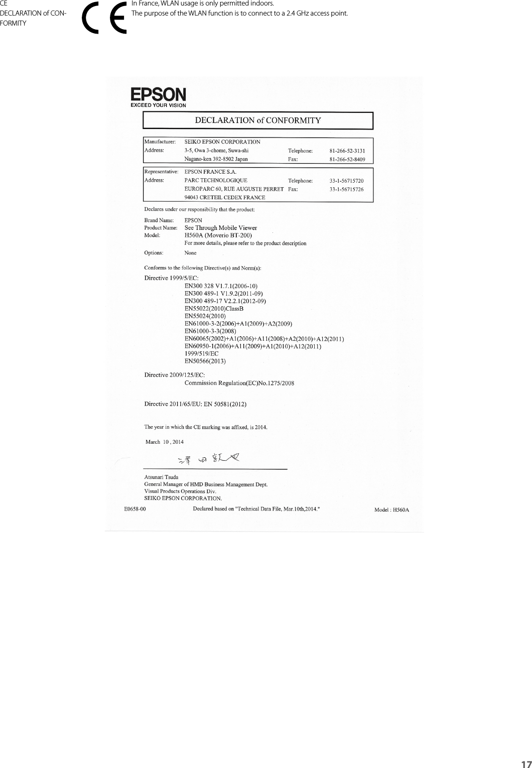 General Notes17 CE DECLARATION of CON-FORMITYIn France, WLAN usage is only permitted indoors.The purpose of the WLAN function is to connect to a 2.4 GHz access point.