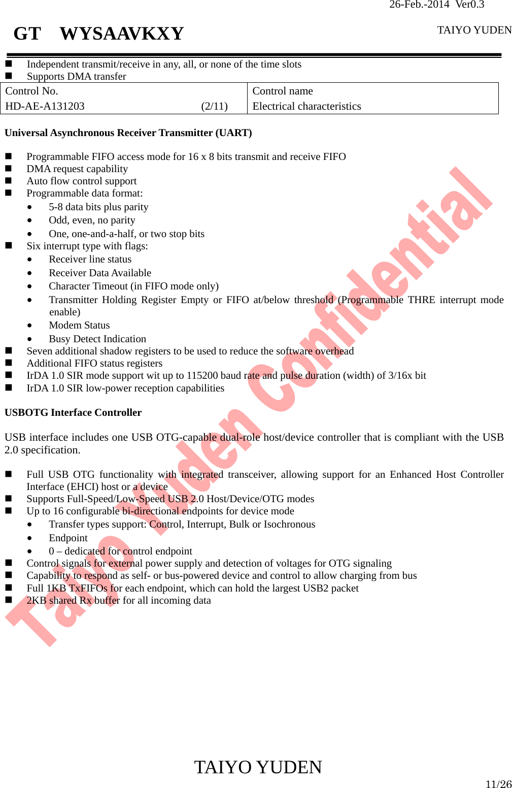                26-Feb.-2014 Ver0.3   TAIYO YUDEN  TAIYO YUDEN  11/26 GT  WYSAAVKXY  Independent transmit/receive in any, all, or none of the time slots  Supports DMA transfer Control No. HD-AE-A131203                     (2/11) Control name Electrical characteristics  Universal Asynchronous Receiver Transmitter (UART)   Programmable FIFO access mode for 16 x 8 bits transmit and receive FIFO  DMA request capability  Auto flow control support  Programmable data format: • 5-8 data bits plus parity • Odd, even, no parity • One, one-and-a-half, or two stop bits  Six interrupt type with flags: • Receiver line status • Receiver Data Available • Character Timeout (in FIFO mode only) • Transmitter Holding Register Empty or FIFO at/below threshold (Programmable THRE interrupt mode enable) • Modem Status • Busy Detect Indication  Seven additional shadow registers to be used to reduce the software overhead  Additional FIFO status registers  IrDA 1.0 SIR mode support wit up to 115200 baud rate and pulse duration (width) of 3/16x bit  IrDA 1.0 SIR low-power reception capabilities  USBOTG Interface Controller  USB interface includes one USB OTG-capable dual-role host/device controller that is compliant with the USB 2.0 specification.   Full USB OTG functionality with integrated transceiver, allowing support for an Enhanced Host Controller Interface (EHCI) host or a device  Supports Full-Speed/Low-Speed USB 2.0 Host/Device/OTG modes  Up to 16 configurable bi-directional endpoints for device mode • Transfer types support: Control, Interrupt, Bulk or Isochronous • Endpoint • 0 – dedicated for control endpoint  Control signals for external power supply and detection of voltages for OTG signaling  Capability to respond as self- or bus-powered device and control to allow charging from bus  Full 1KB TxFIFOs for each endpoint, which can hold the largest USB2 packet  2KB shared Rx buffer for all incoming data             