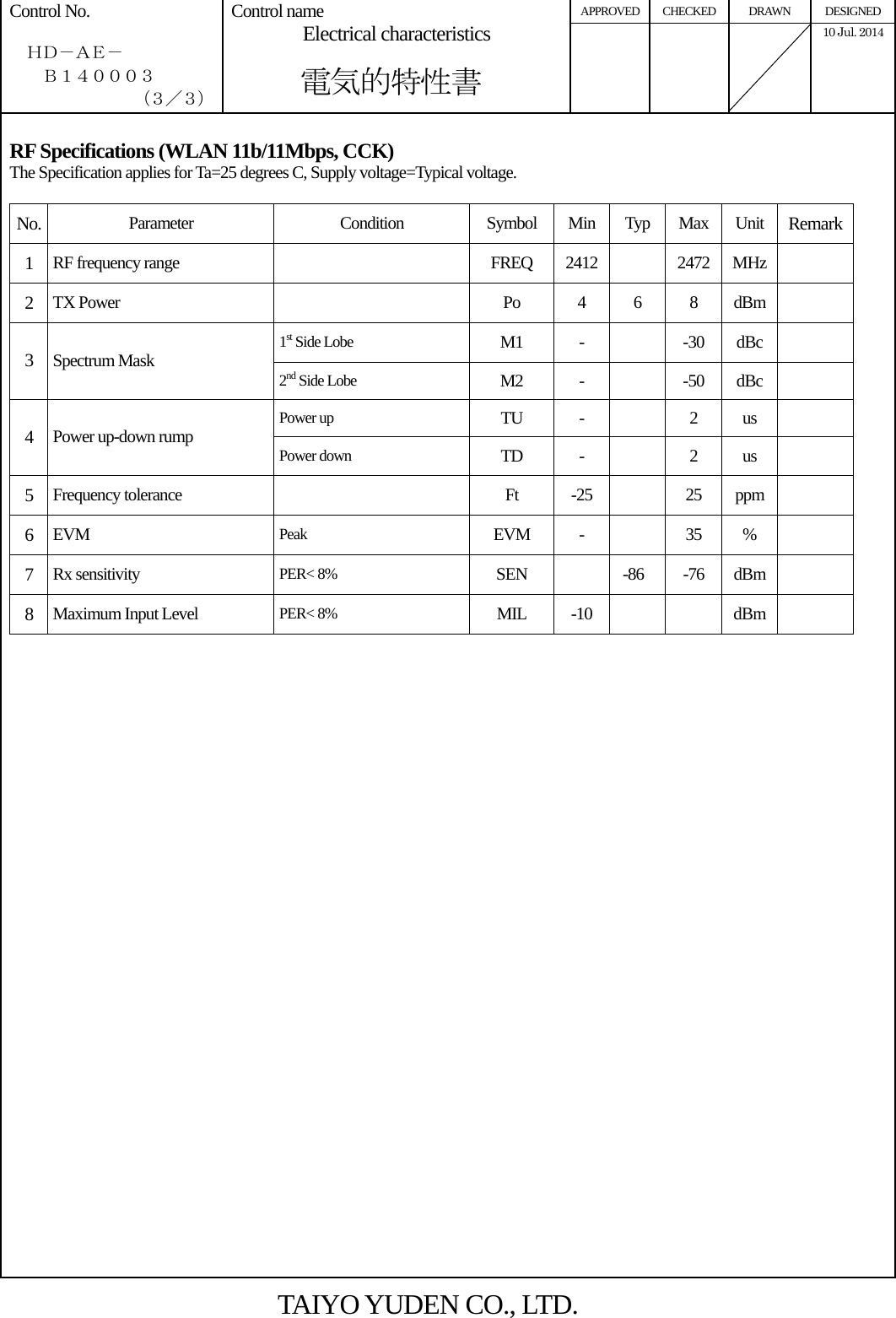 APPROVED CHECKED DRAWN DESIGNED Control No.    ＨＤ－ＡＥ－     Ｂ１４０００３ （３／３） Control name Electrical characteristics       電気的特性書     10 Jul. 2014   RF Specifications (WLAN 11b/11Mbps, CCK) The Specification applies for Ta=25 degrees C, Supply voltage=Typical voltage.  No.  Parameter Condition Symbol Min Typ Max Unit Remark1  RF frequency range   FREQ 2412   2472 MHz  2  TX Power   Po 4 6 8 dBm  1st Side Lobe  M1 -  -30 dBc  3  Spectrum Mask  2nd Side Lobe  M2 -  -50 dBc  Power up  TU -  2 us  4  Power up-down rump  Power down  TD -  2 us  5  Frequency tolerance   Ft -25  25 ppm  6  EVM  Peak  EVM -   35 %  7  Rx sensitivity  PER&lt; 8%  SEN  -86 -76 dBm  8  Maximum Input Level  PER&lt; 8%  MIL -10    dBm    TAIYO YUDEN CO., LTD.  