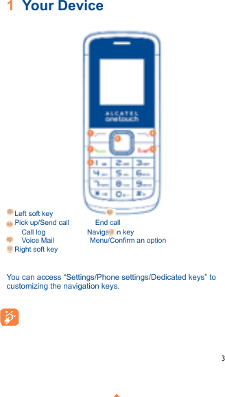 !1  Your Device  !!!!!!!!    Left soft key                 Power on/off key      Pick up/Send call             End call Call log                     Navigation key Voice Mail                  Menu/Confirm an option     Right soft key                          You can access “Settings/Phone settings/Dedicated keys” to customizing the navigation keys. !! 3!