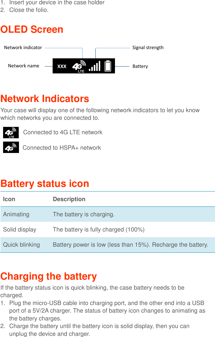 1.  Insert your device in the case holder 2.  Close the folio.  OLED Screen     Network Indicators Your case will display one of the following network indicators to let you know which networks you are connected to.     Battery status icon Icon Description Animating The battery is charging. Solid display The battery is fully charged (100%) Quick blinking   Battery power is low (less than 15%). Recharge the battery.  Charging the battery If the battery status icon is quick blinking, the case battery needs to be charged. 1.  Plug the micro-USB cable into charging port, and the other end into a USB port of a 5V/2A charger. The status of battery icon changes to animating as the battery charges. 2.  Charge the battery until the battery icon is solid display, then you can unplug the device and charger. Network name Network indicator Battery Signal strength Connected to 4G LTE network Connected to HSPA+ network XXXXX 