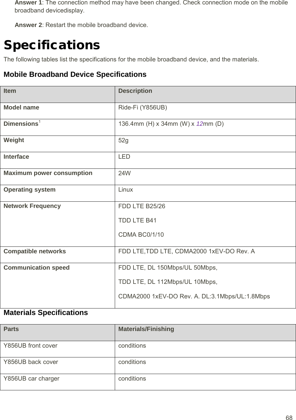  68 Answer 1: The connection method may have been changed. Check connection mode on the mobile broadband devicedisplay. Answer 2Specifications : Restart the mobile broadband device. The following tables list the specifications for the mobile broadband device, and the materials. Mobile Broadband Device Specifications Item Description Ride-Fi (Y856UB) Model name Dimensions136.4mm (H) x 34mm (W) x 1 12mm (D) 52g Weight LED Interface 24W Maximum power consumption Linux Operating system FDD LTE B25/26 TDD LTE B41 CDMA BC0/1/10 Network Frequency FDD LTE,TDD LTE, CDMA2000 1xEV-DO Rev. A Compatible networks FDD LTE, DL 150Mbps/UL 50Mbps, TDD LTE, DL 112Mbps/UL 10Mbps, CDMA2000 1xEV-DO Rev. A. DL:3.1Mbps/UL:1.8Mbps Communication speed Materials Specifications Parts Materials/Finishing Y856UB front cover conditions Y856UB back cover conditions Y856UB car charger conditions 