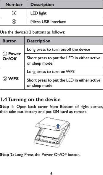 6Number Description LED light Micro USB InterfaceUse the device’s 2 buttons as follows:Button DescriptionPower On/OffLong press to turn on/off the deviceShort press to put the LED in either active or sleep mode.WPSLong press to turn on WPSShort press to put the LED in either active or sleep mode1.4 Turning on the deviceStep 1: Open back cover from Bottom of right corner, then take out battery and put SIM card as remark.Step 2: Long Press the Power On/Off button.