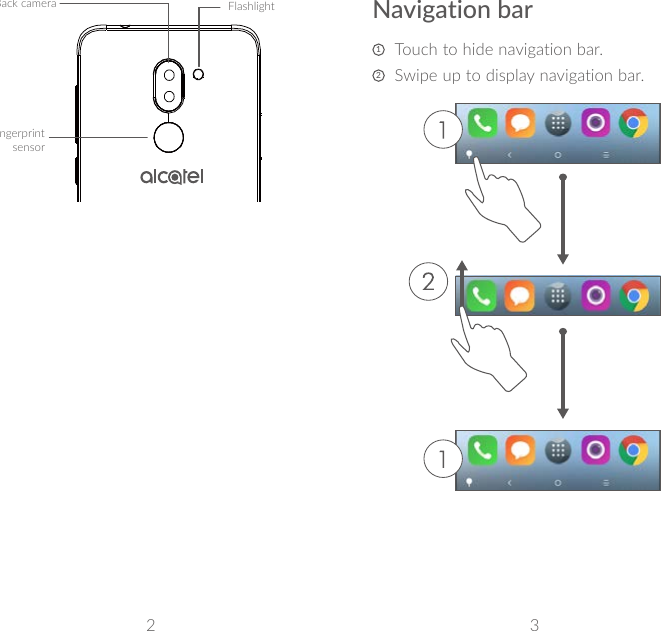 2 3FlashlightBack cameraFingerprint sensorNavigation bar1   Touch to hide navigation bar.2   Swipe up to display navigation bar.