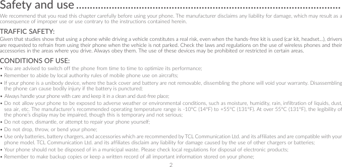 Page 2 of TCL Communication B102 UMTS/GSM Smartphone User Manual U5A PLUS 3G 5009A 5009U Safety Leaflet Eng US 20180306 V4 CQF1LS402AAA