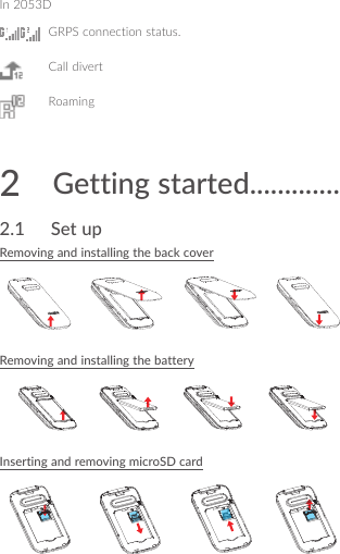 5In 2053DGRPS connection status.Call divertRoaming2  Getting started �������������2�1  Set upRemoving and installing the back coverRemoving and installing the batteryInserting and removing microSD card