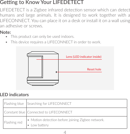 4Geng to Know Your LIFEDETECTLIFEDETECT is a Zigbee infrared detecon sensor which can detect humans and large animals. It is designed to work together with a LIFECONNECT. You can place it on a desk or install it on a wall using an adhesive or screws.Note: •  This product can only be used indoors. •  This device requires a LIFECONNECT in order to work.Lens (LED indicator inside)Reset holeLED indicatorsFlashing blue Searching for LIFECONNECTConstant blue Connected to LIFECONNECTFlashing red •  Moon detecon before joining Zigbee network.•  Low baery