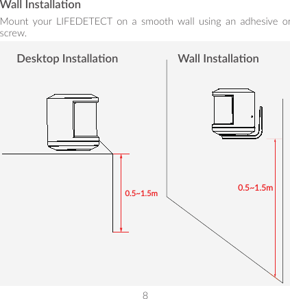 8 9Wall InstallaonMount your LIFEDETECT on a smooth wall using an adhesive or  screw.Desktop Installaon Wall Installaon0.5~1.5m0.5~1.5m
