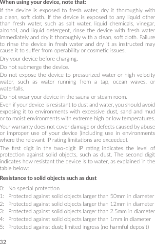 32When using your device, note that: If the device is exposed to fresh water, dry it thoroughly witha clean, so cloth. If the device is exposed to any liquid otherthan fresh water, such as salt water, liquid chemicals, vinegar,alcohol, and liquid detergent, rinse the device with freshwaterimmediatelyanddryitthoroughlywithaclean,socloth.Failureto rinse the device in freshwater and dry it as instructed maycauseittosuerfromoperabilityorcosmecissues.Dryyourdevicebeforecharging.Donotsubmergethedevice.Donot expose the devicetopressurizedwaterorhighvelocitywater, such as water running from a tap, ocean waves, orwaterfalls.Donotwearyourdeviceinthesaunaorsteamroom.Evenifyourdeviceisresistanttodustandwater,youshouldavoidexposingit to environmentswithexcessivedust,sandandmudortomoistenvironmentswithextremehighorlowtemperatures.Yourwarrantydoesnotcoverdamageordefectscausedbyabuseor improper use ofyour device (including use in environmentswheretherelevantIPranglimitaonsareexceeded).The rst digit in the two-digit IP rang indicates the level ofprotecon against solid objects, such as dust.The second digitindicateshowresistantthedeviceistowater,asexplainedinthetablebelow:Resistance to solid objects such as dust0: Nospecialprotecon1: Protectedagainstsolidobjectslargerthan50mmindiameter2: Protectedagainstsolidobjectslargerthan12mmindiameter3: Protectedagainstsolidobjectslargerthan2.5mmindiameter4: Protectedagainstsolidobjectslargerthan1mmindiameter5: Protectedagainstdust;limitedingress(noharmfuldeposit)