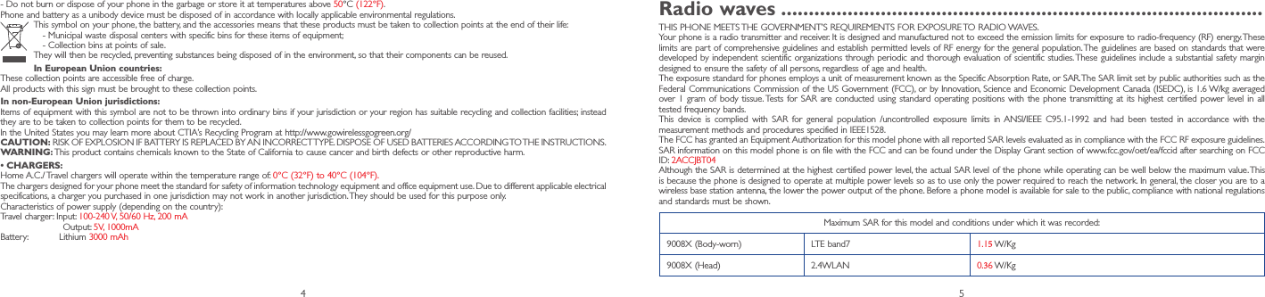 4 5Radio waves ���������������������������������������������������������������������������������������THIS PHONE MEETS THE GOVERNMENT’S REQUIREMENTS FOR EXPOSURE TO RADIO WAVES.Your phone is a radio transmitter and receiver. It is designed and manufactured not to exceed the emission limits for exposure to radio-frequency (RF) energy. These limits are part of comprehensive guidelines and establish permitted levels of RF energy for the general population. The guidelines are based on standards that were developed by independent scientific organizations through periodic and thorough evaluation of scientific studies. These guidelines include a substantial safety margin designed to ensure the safety of all persons, regardless of age and health.The exposure standard for phones employs a unit of measurement known as the Specific Absorption Rate, or SAR. The SAR limit set by public authorities such as the Federal Communications Commission of the US Government (FCC), or by Innovation, Science and Economic Development Canada (ISEDC), is 1.6 W/kg averaged over 1 gram of body tissue. Tests for SAR are conducted using standard operating positions with the phone transmitting at its highest certified power level in all tested frequency bands.This device is complied with SAR for general population /uncontrolled exposure limits in ANSI/IEEE C95.1-1992 and had been tested in accordance with the measurement methods and procedures specified in IEEE1528.The FCC has granted an Equipment Authorization for this model phone with all reported SAR levels evaluated as in compliance with the FCC RF exposure guidelines. SAR information on this model phone is on file with the FCC and can be found under the Display Grant section of www.fcc.gov/oet/ea/fccid after searching on FCC ID: 2ACCJBT04Although the SAR is determined at the highest certified power level, the actual SAR level of the phone while operating can be well below the maximum value. This is because the phone is designed to operate at multiple power levels so as to use only the power required to reach the network. In general, the closer you are to a wireless base station antenna, the lower the power output of the phone. Before a phone model is available for sale to the public, compliance with national regulations and standards must be shown.Maximum SAR for this model and conditions under which it was recorded:9008X (Body-worn) LTE band7  1.15 W/Kg 9008X (Head) 2.4WLAN 0.36 W/Kg-  Do not burn or dispose of your phone in the garbage or store it at temperatures above 50°C (122°F).Phone and battery as a unibody device must be disposed of in accordance with locally applicable environmental regulations.This symbol on your phone, the battery, and the accessories means that these products must be taken to collection points at the end of their life:- Municipal waste disposal centers with specific bins for these items of equipment;- Collection bins at points of sale. They will then be recycled, preventing substances being disposed of in the environment, so that their components can be reused.In European Union countries:These collection points are accessible free of charge.All products with this sign must be brought to these collection points.In non-European Union jurisdictions:Items of equipment with this symbol are not to be thrown into ordinary bins if your jurisdiction or your region has suitable recycling and collection facilities; instead they are to be taken to collection points for them to be recycled.In the United States you may learn more about CTIA’s Recycling Program at http://www.gowirelessgogreen.org/CAUTION: RISK OF EXPLOSION IF BATTERY IS REPLACED BY AN INCORRECT TYPE. DISPOSE OF USED BATTERIES ACCORDING TO THE INSTRUCTIONS.WARNING: This product contains chemicals known to the State of California to cause cancer and birth defects or other reproductive harm.• CHARGERS:Home A.C./ Travel chargers will operate within the temperature range of: 0°C (32°F) to 40°C (104°F).The chargers designed for your phone meet the standard for safety of information technology equipment and office equipment use. Due to different applicable electrical specifications, a charger you purchased in one jurisdiction may not work in another jurisdiction. They should be used for this purpose only.Characteristics of power supply (depending on the country):Travel charger: Input: 100-240 V, 50/60 Hz, 200 mA Output: 5V, 1000mA Battery:           Lithium 3000 mAh