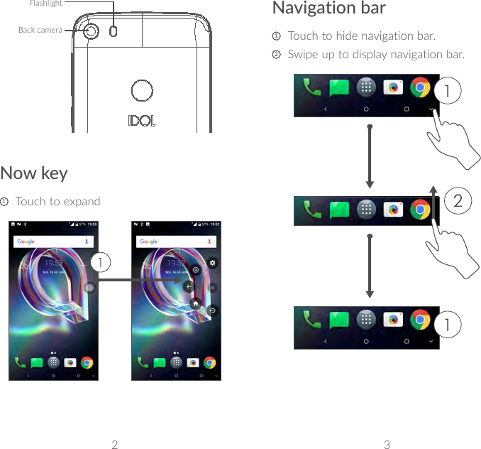 2 3Back cameraFlashlightNow key1   Touch to expandNavigation bar1   Touch to hide navigation bar.2   Swipe up to display navigation bar.