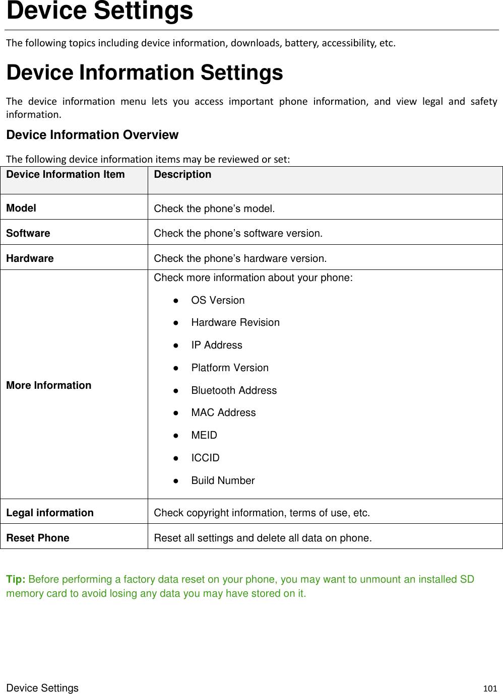 Device Settings    101 Device Settings The following topics including device information, downloads, battery, accessibility, etc. Device Information Settings The  device  information  menu  lets  you  access  important  phone  information,  and  view  legal  and  safety information. Device Information Overview The following device information items may be reviewed or set:   Device Information Item Description Model Check the phone’s model. Software Check the phone’s software version. Hardware Check the phone’s hardware version. More Information Check more information about your phone: ●  OS Version ●  Hardware Revision ●  IP Address ●  Platform Version ●  Bluetooth Address ●  MAC Address ●  MEID ●  ICCID ●  Build Number Legal information Check copyright information, terms of use, etc. Reset Phone Reset all settings and delete all data on phone.  Tip: Before performing a factory data reset on your phone, you may want to unmount an installed SD memory card to avoid losing any data you may have stored on it.    