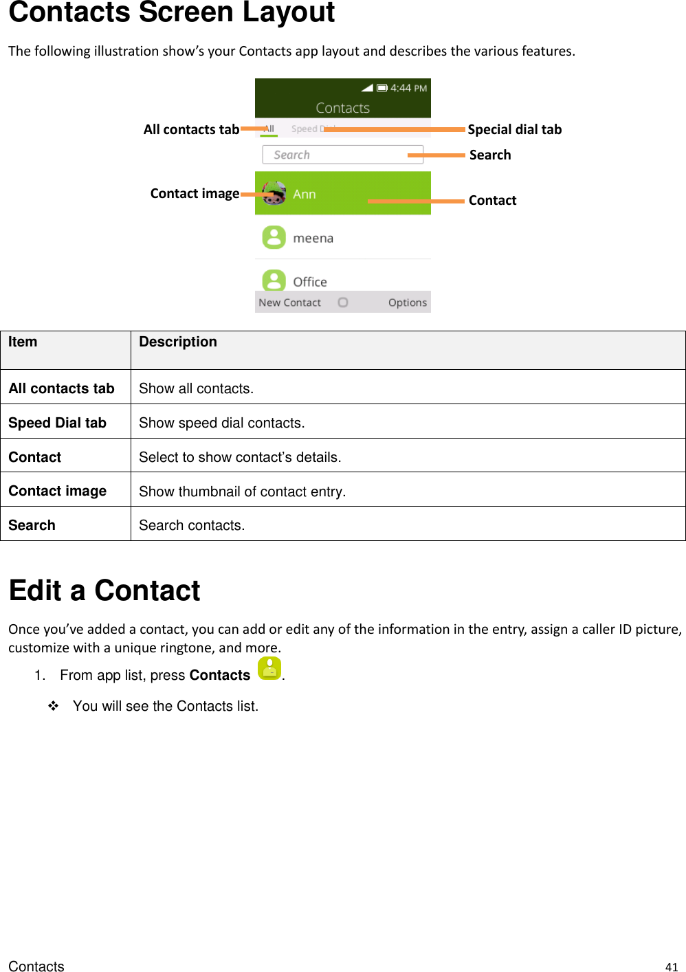 Contacts    41 Contacts Screen Layout The following illustration show’s your Contacts app layout and describes the various features.    Item Description All contacts tab Show all contacts. Speed Dial tab Show speed dial contacts. Contact Select to show contact’s details. Contact image Show thumbnail of contact entry. Search Search contacts.  Edit a Contact Once you’ve added a contact, you can add or edit any of the information in the entry, assign a caller ID picture, customize with a unique ringtone, and more. 1.  From app list, press Contacts  .       You will see the Contacts list. All contacts tab  Contact Contact image Search Special dial tab 