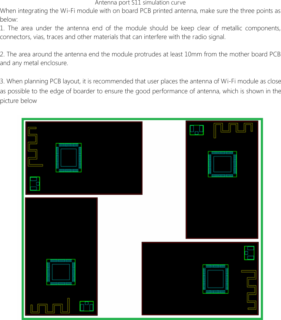 Antenna port S11 simulation curveWhen integrating the Wi-Fi module with on board PCB printed antenna, make sure the three points as below: 1. The area under the antenna end of the module should be keep clear of metallic components, connectors, vias, traces and other materials that can interfere with the radio signal. 2. The area around the antenna end the module protrudes at least 10mm from the mother board PCB and any metal enclosure. 3. When planning PCB layout, it is recommended that user places the antenna of Wi-Fi module as close as possible to the edge of boarder to ensure the good performance of antenna, which is shown in the picture below   