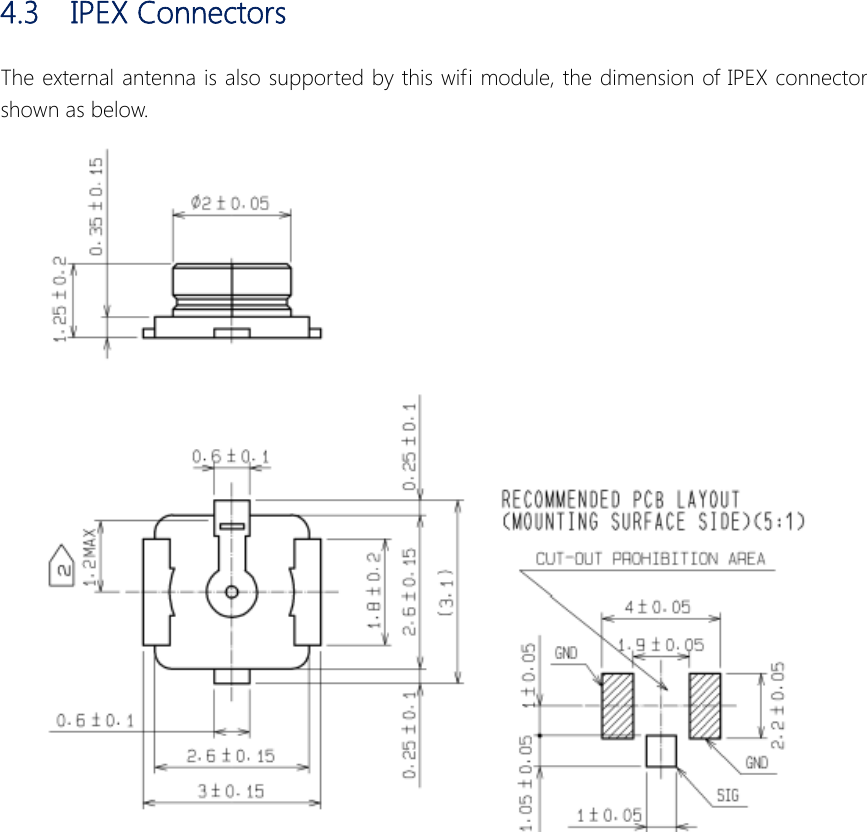    4.3  IPEX Connectors The external antenna is also supported by this wifi module, the dimension of IPEX connector shown as below.   